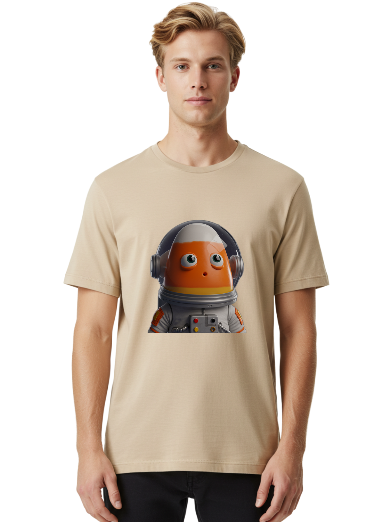Astronaut-Fish Men'S Graphic Tee, 100% Cotton, Comfortable Casual Summer Wear, Machine Washable, Futuristic Astronaut, Candy-Themed Space Suit, Orange And White Colors, Cartoon-Style Character, Space Exploration, Sci-Fi Elements, Bac589