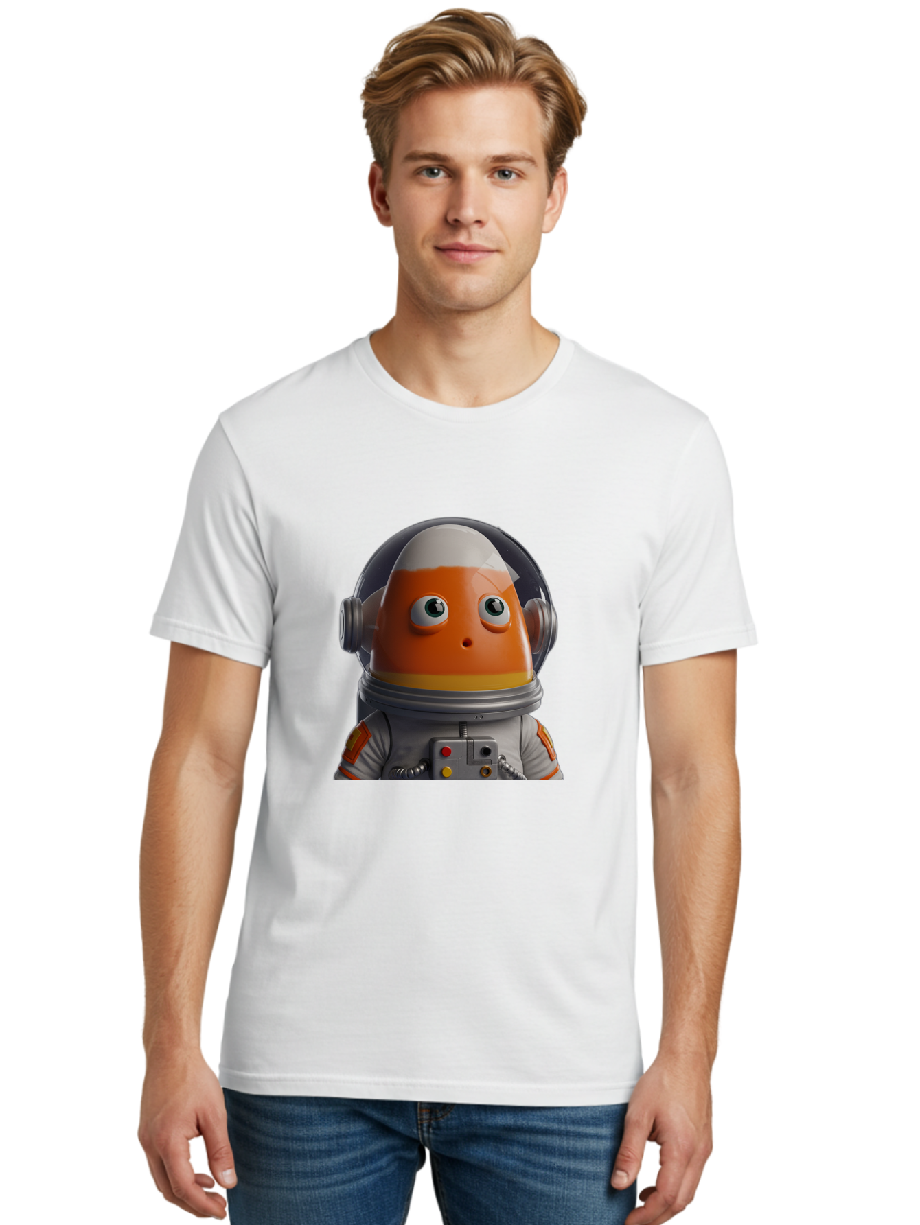 Astronaut-Fish Men'S Graphic Tee, 100% Cotton, Comfortable Casual Summer Wear, Machine Washable, Futuristic Astronaut, Candy-Themed Space Suit, Orange And White Colors, Cartoon-Style Character, Space Exploration, Sci-Fi Elements, Bac589