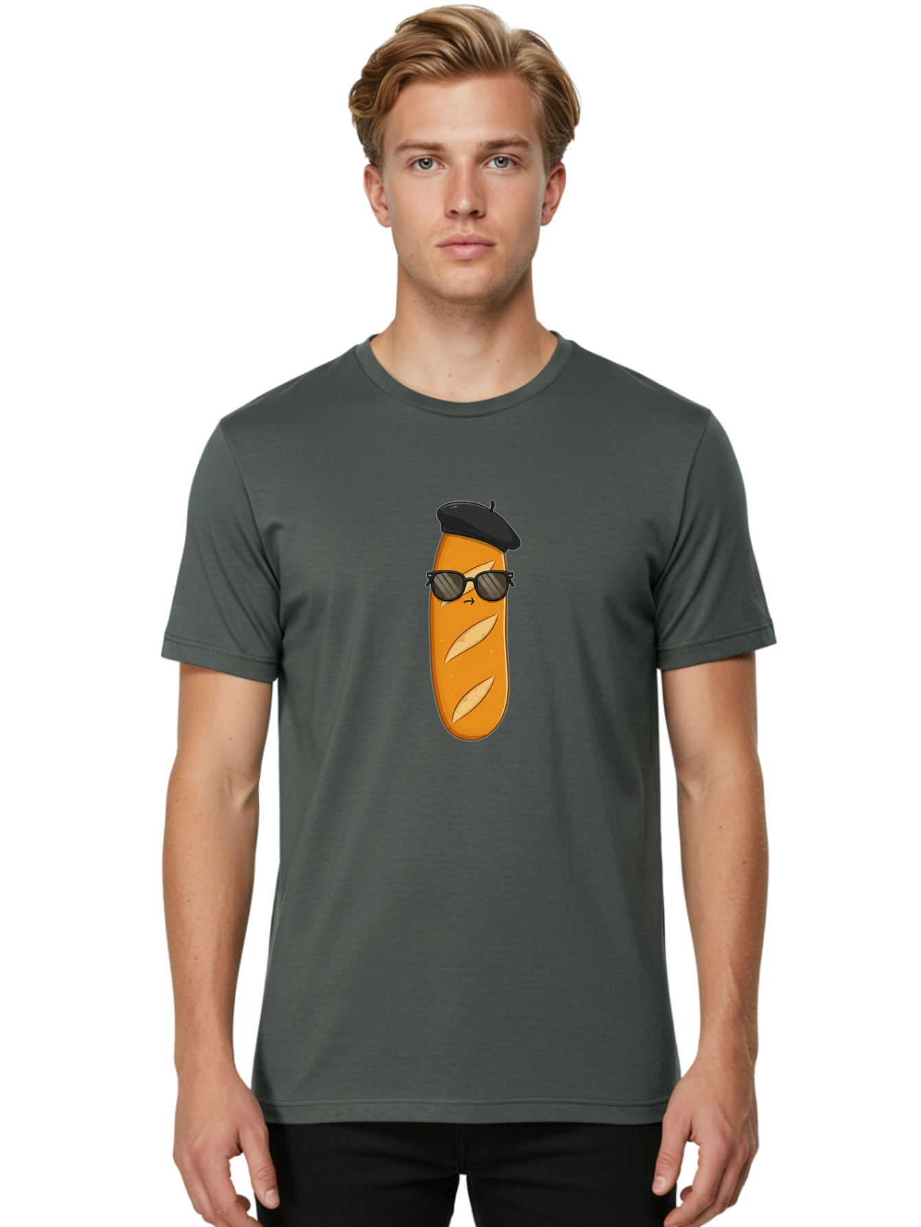 Baguette-Character-1 Men'S Graphic Tee, 100% Cotton, Comfortable Casual Summer Wear, Machine Washable, Cartoon Baguette, Sunglasses, Beret, French Bread, Cute Character, Funny Meme, Cartoon Style, Bread Character, Quirky Design, Bac590