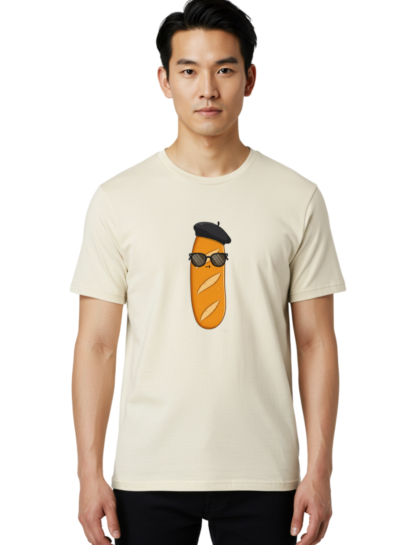 Baguette-Character-1 Men'S Graphic Tee, 100% Cotton, Comfortable Casual Summer Wear, Machine Washable, Cartoon Baguette, Sunglasses, Beret, French Bread, Cute Character, Funny Meme, Cartoon Style, Bread Character, Quirky Design, Bac590