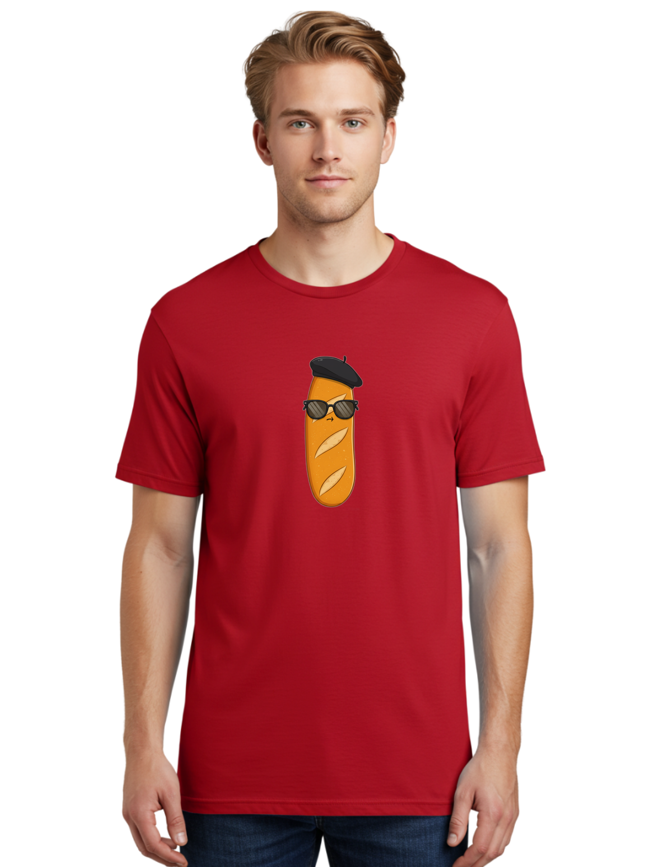 Baguette-Character-1 Men'S Graphic Tee, 100% Cotton, Comfortable Casual Summer Wear, Machine Washable, Cartoon Baguette, Sunglasses, Beret, French Bread, Cute Character, Funny Meme, Cartoon Style, Bread Character, Quirky Design, Bac590