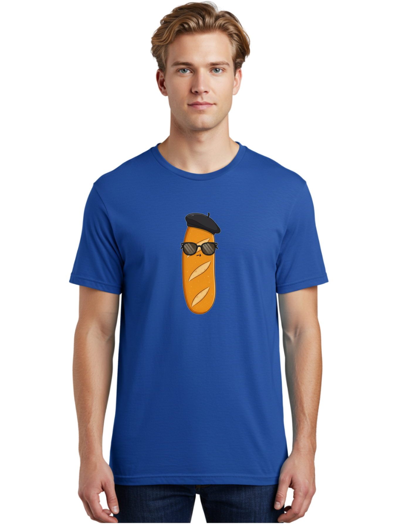 Baguette-Character-1 Men'S Graphic Tee, 100% Cotton, Comfortable Casual Summer Wear, Machine Washable, Cartoon Baguette, Sunglasses, Beret, French Bread, Cute Character, Funny Meme, Cartoon Style, Bread Character, Quirky Design, Bac590