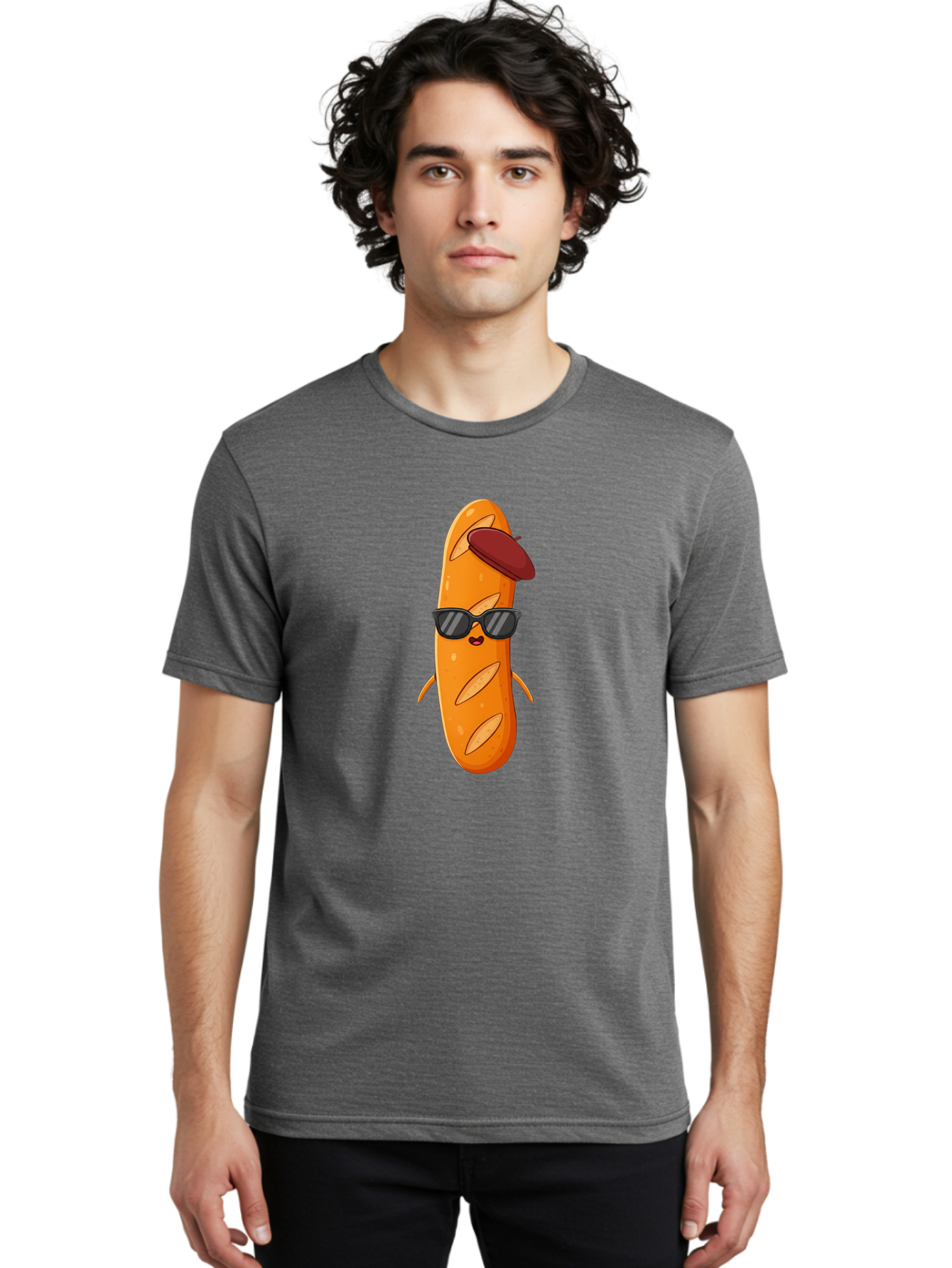 Baguette-Character Men'S Graphic Tee, 100% Cotton, Comfortable Casual Summer Wear, Machine Washable, Cartoon Baguette, Anthropomorphic Bread, Sunglasses, Beret, Cute Character, Funny Mascot, Quirky Illustration, Kawaii Food, Humorous Design, Bac591