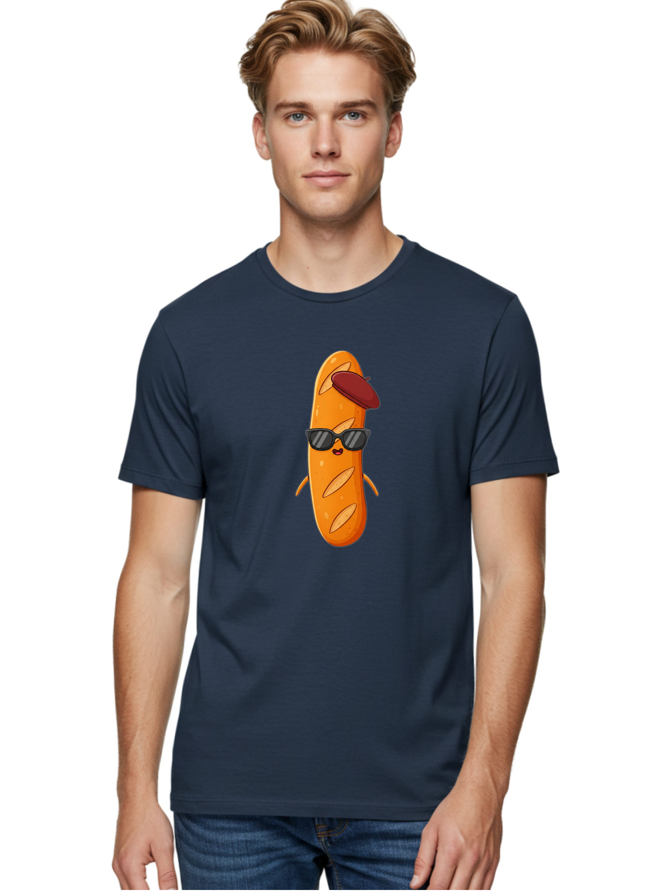 Baguette-Character Men'S Graphic Tee, 100% Cotton, Comfortable Casual Summer Wear, Machine Washable, Cartoon Baguette, Anthropomorphic Bread, Sunglasses, Beret, Cute Character, Funny Mascot, Quirky Illustration, Kawaii Food, Humorous Design, Bac591