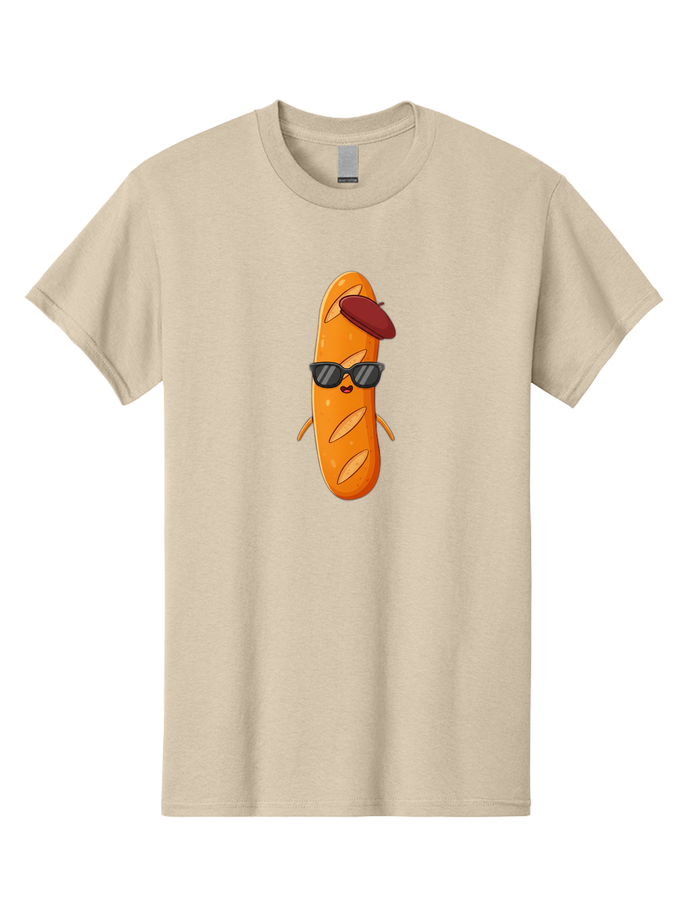 Baguette-Character Men'S Graphic Tee, 100% Cotton, Comfortable Casual Summer Wear, Machine Washable, Cartoon Baguette, Anthropomorphic Bread, Sunglasses, Beret, Cute Character, Funny Mascot, Quirky Illustration, Kawaii Food, Humorous Design, Bac591