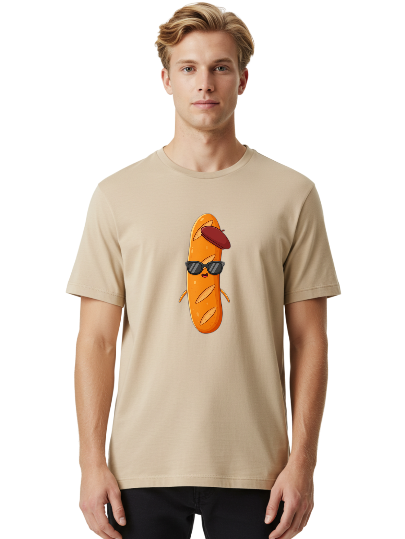 Baguette-Character Men'S Graphic Tee, 100% Cotton, Comfortable Casual Summer Wear, Machine Washable, Cartoon Baguette, Anthropomorphic Bread, Sunglasses, Beret, Cute Character, Funny Mascot, Quirky Illustration, Kawaii Food, Humorous Design, Bac591