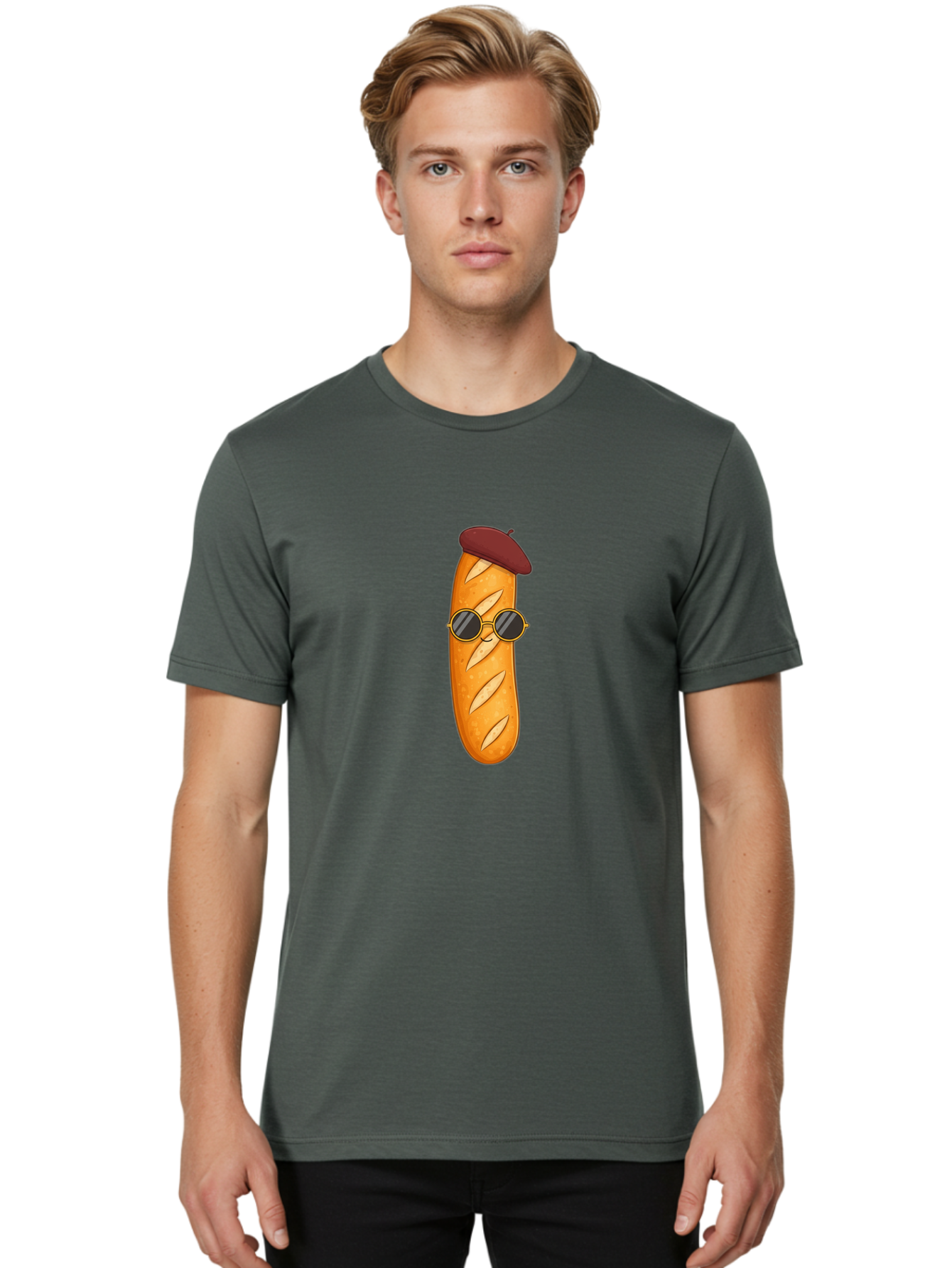 Baguette-With-Beret-And-Sunglasses Men'S Graphic Tee, 100% Cotton, Comfortable Casual Summer Wear, Machine Washable, Cartoon Baguette, French Bread, Beret Hat, Sunglasses, Cool Character, Funny Food, Whimsical Illustration, Playful Vibe, Bac592