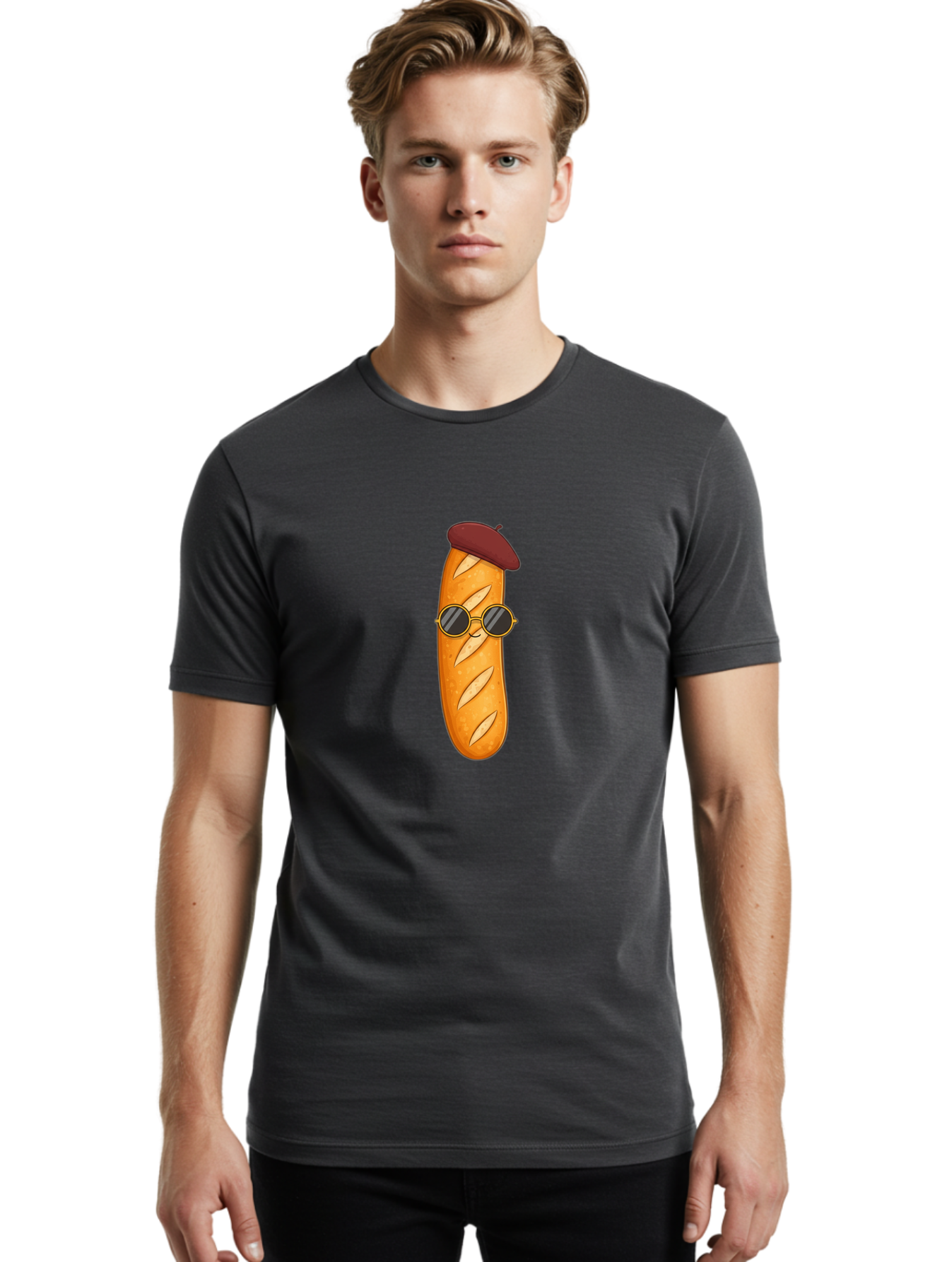 Baguette-With-Beret-And-Sunglasses Men'S Graphic Tee, 100% Cotton, Comfortable Casual Summer Wear, Machine Washable, Cartoon Baguette, French Bread, Beret Hat, Sunglasses, Cool Character, Funny Food, Whimsical Illustration, Playful Vibe, Bac592