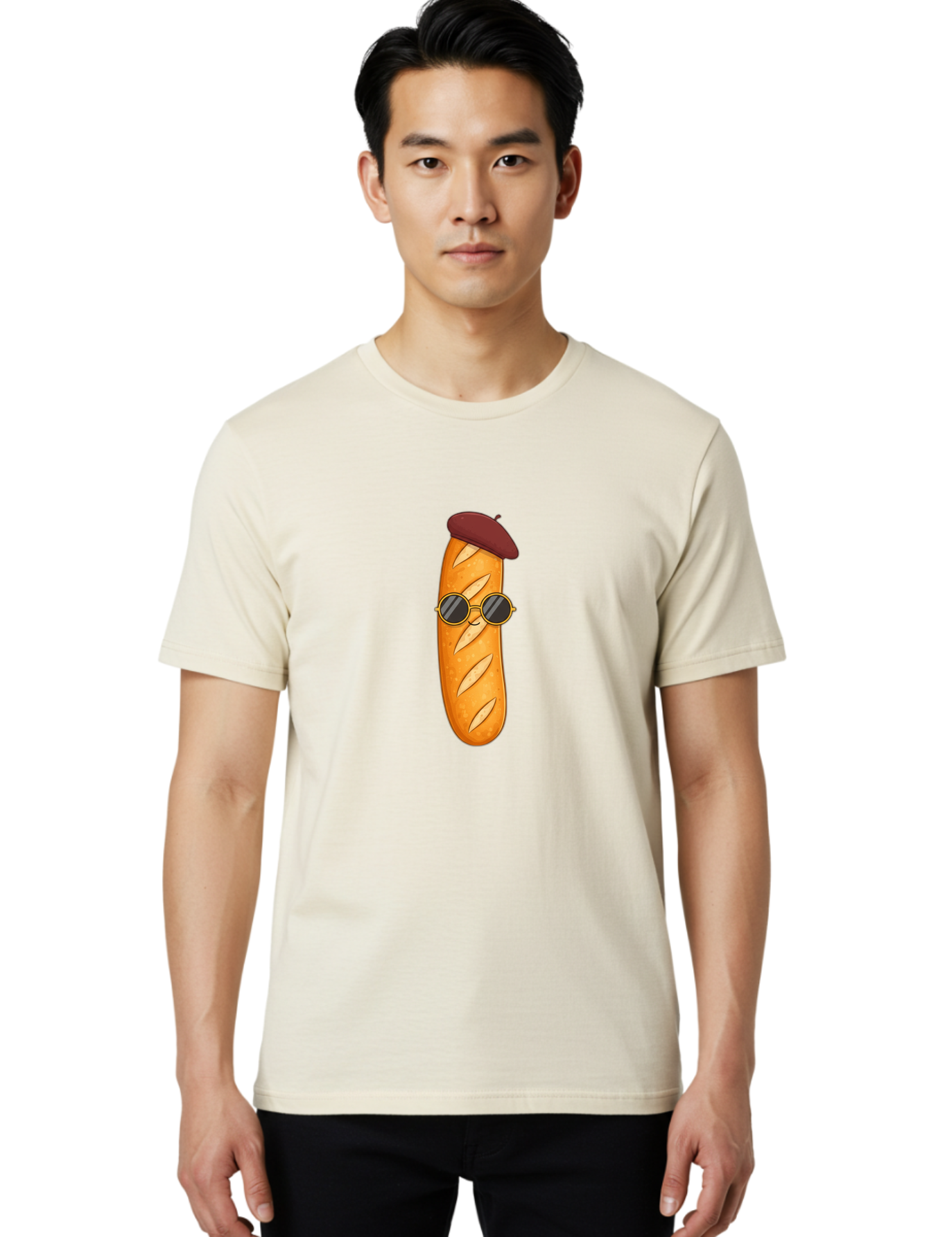 Baguette-With-Beret-And-Sunglasses Men'S Graphic Tee, 100% Cotton, Comfortable Casual Summer Wear, Machine Washable, Cartoon Baguette, French Bread, Beret Hat, Sunglasses, Cool Character, Funny Food, Whimsical Illustration, Playful Vibe, Bac592