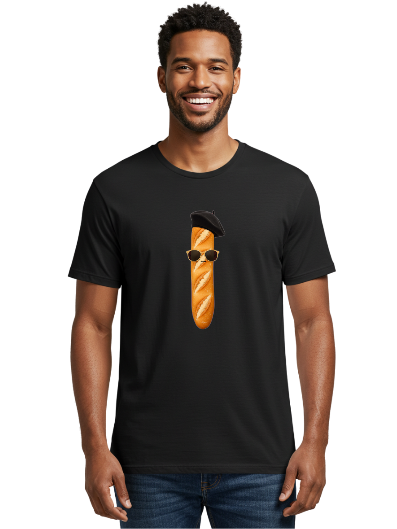 Baguette-With-Sunglasses-And-Beret-1 Men'S Graphic Tee, 100% Cotton, Comfortable Casual Summer Wear, Machine Washable, Baguette With Sunglasses, French Bread, Beret Hat, Cool Baguette, Cartoon Character, Funny Food, Charismatic Bread, Bac594