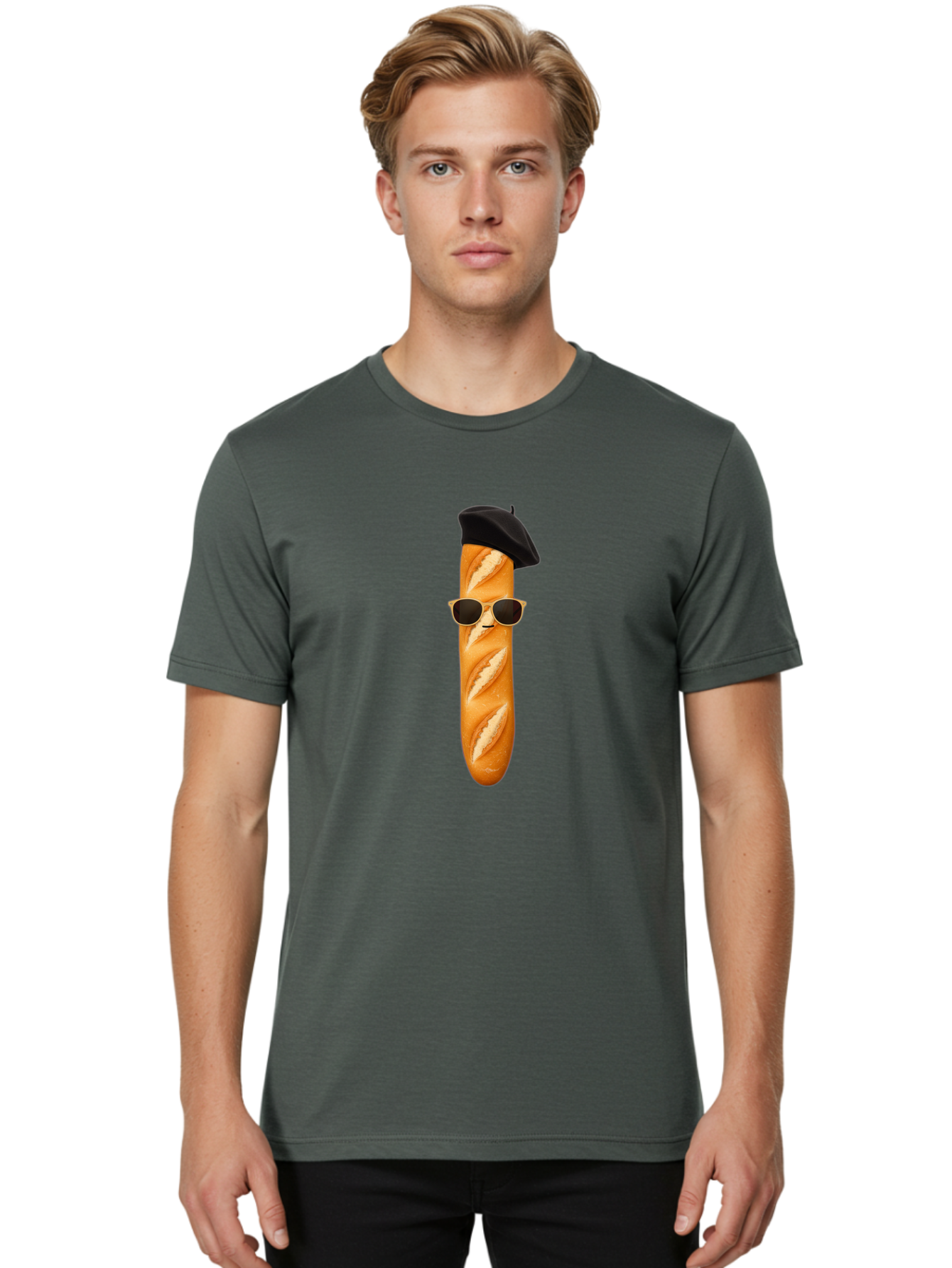 Baguette-With-Sunglasses-And-Beret-1 Men'S Graphic Tee, 100% Cotton, Comfortable Casual Summer Wear, Machine Washable, Baguette With Sunglasses, French Bread, Beret Hat, Cool Baguette, Cartoon Character, Funny Food, Charismatic Bread, Bac594