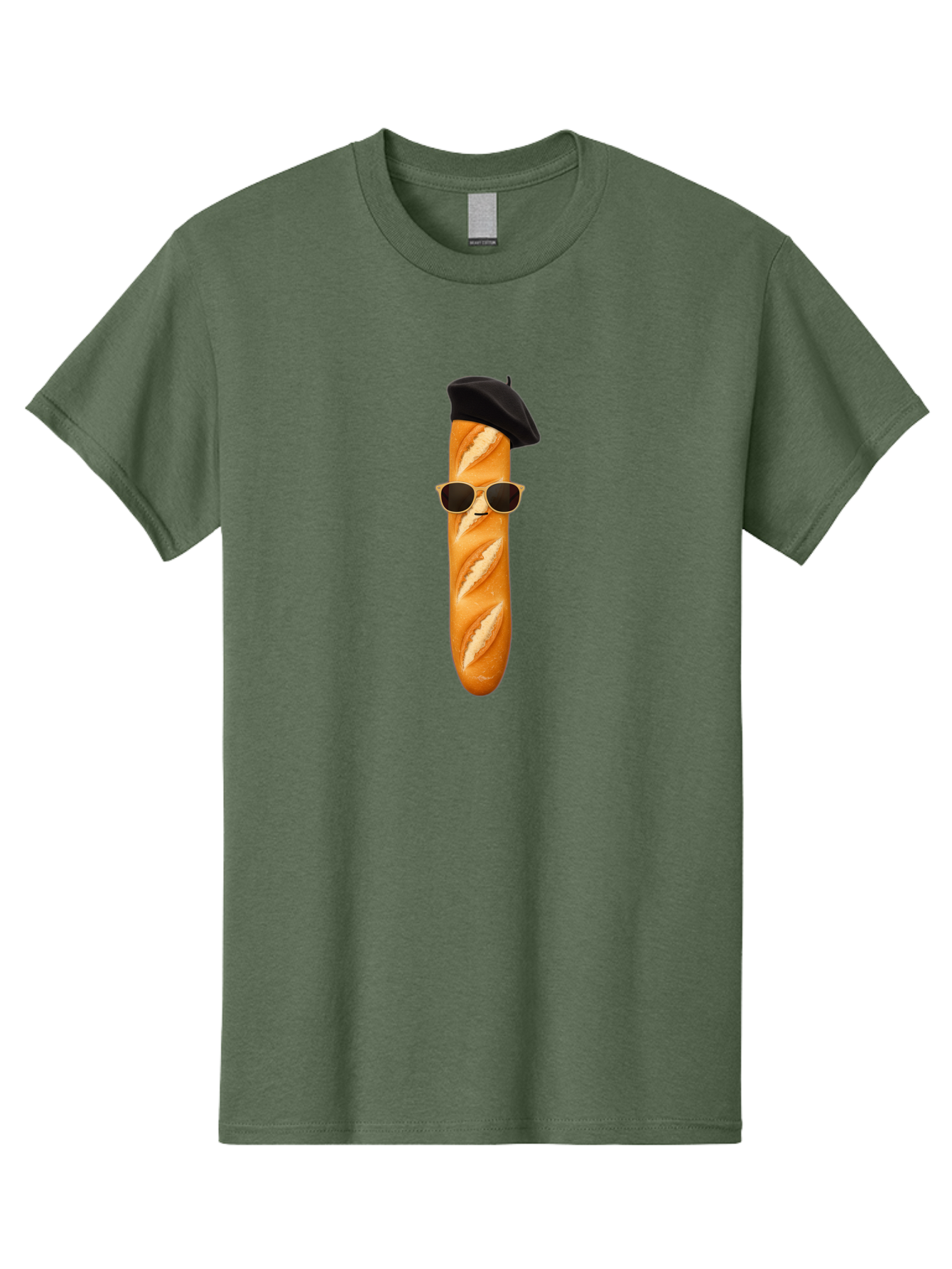 Baguette-With-Sunglasses-And-Beret-1 Men'S Graphic Tee, 100% Cotton, Comfortable Casual Summer Wear, Machine Washable, Baguette With Sunglasses, French Bread, Beret Hat, Cool Baguette, Cartoon Character, Funny Food, Charismatic Bread, Bac594
