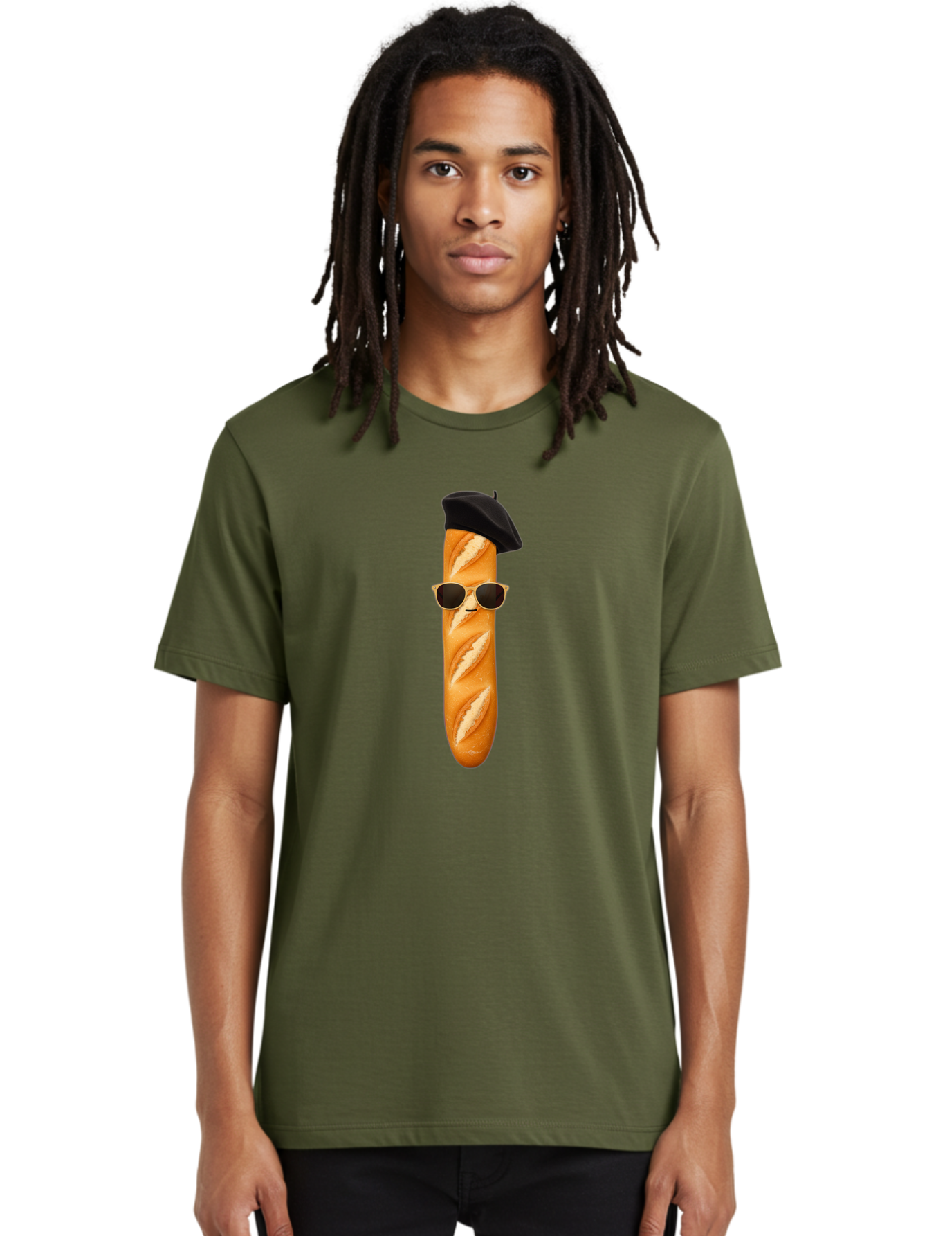 Baguette-With-Sunglasses-And-Beret-1 Men'S Graphic Tee, 100% Cotton, Comfortable Casual Summer Wear, Machine Washable, Baguette With Sunglasses, French Bread, Beret Hat, Cool Baguette, Cartoon Character, Funny Food, Charismatic Bread, Bac594
