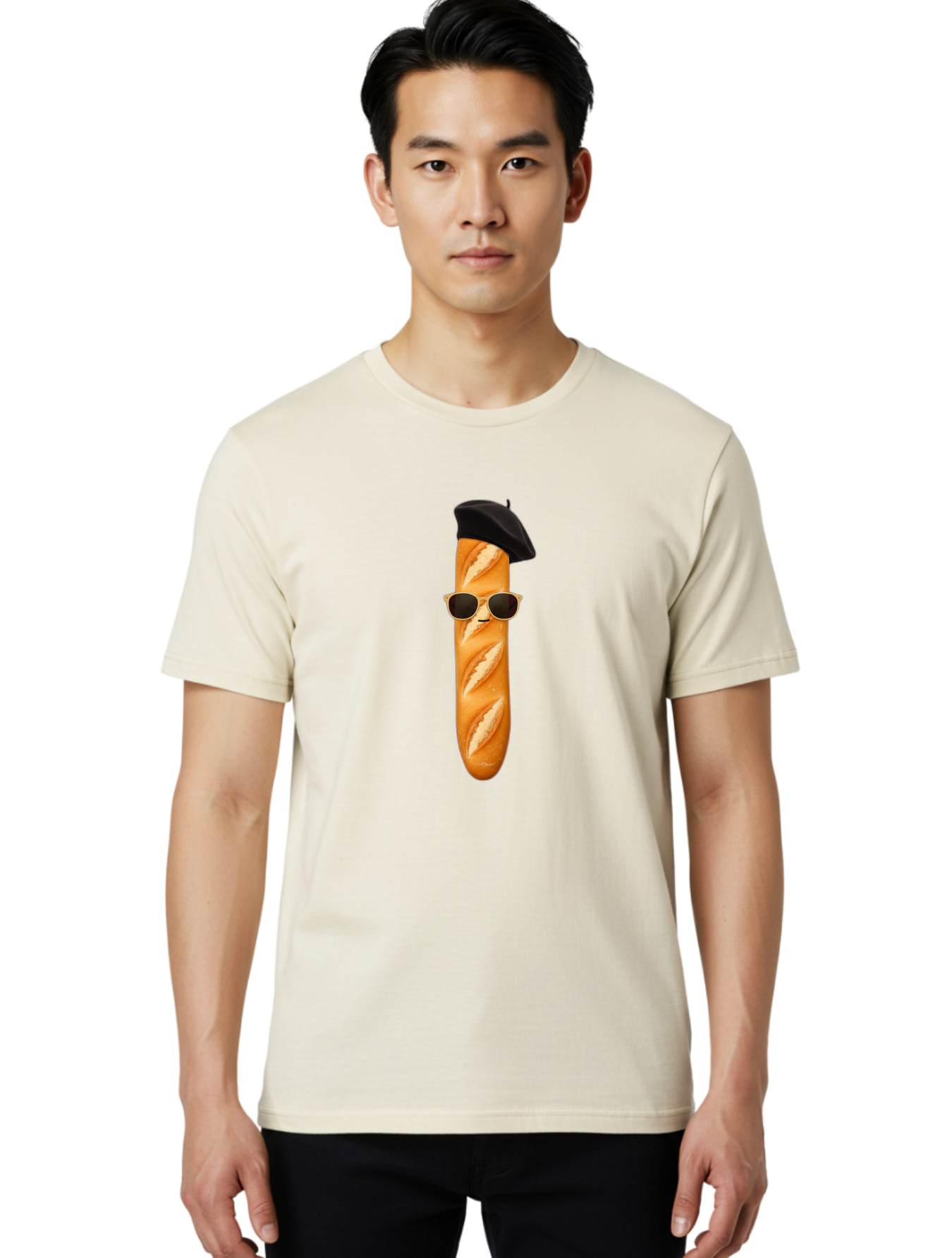 Baguette-With-Sunglasses-And-Beret-1 Men'S Graphic Tee, 100% Cotton, Comfortable Casual Summer Wear, Machine Washable, Baguette With Sunglasses, French Bread, Beret Hat, Cool Baguette, Cartoon Character, Funny Food, Charismatic Bread, Bac594