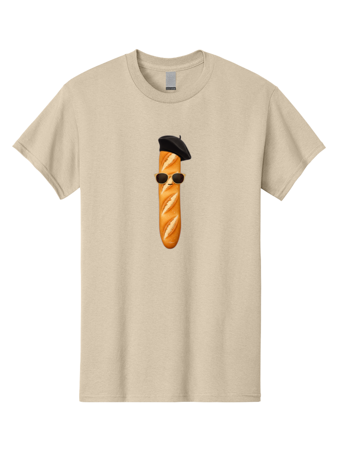 Baguette-With-Sunglasses-And-Beret-1 Men'S Graphic Tee, 100% Cotton, Comfortable Casual Summer Wear, Machine Washable, Baguette With Sunglasses, French Bread, Beret Hat, Cool Baguette, Cartoon Character, Funny Food, Charismatic Bread, Bac594
