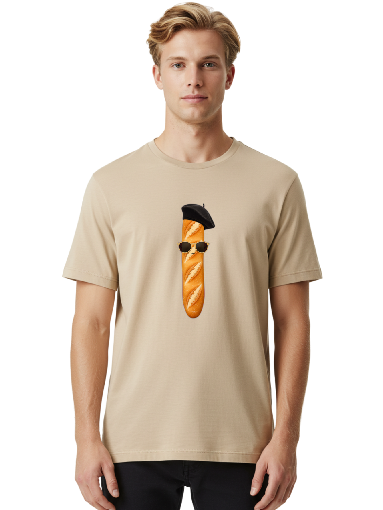 Baguette-With-Sunglasses-And-Beret-1 Men'S Graphic Tee, 100% Cotton, Comfortable Casual Summer Wear, Machine Washable, Baguette With Sunglasses, French Bread, Beret Hat, Cool Baguette, Cartoon Character, Funny Food, Charismatic Bread, Bac594
