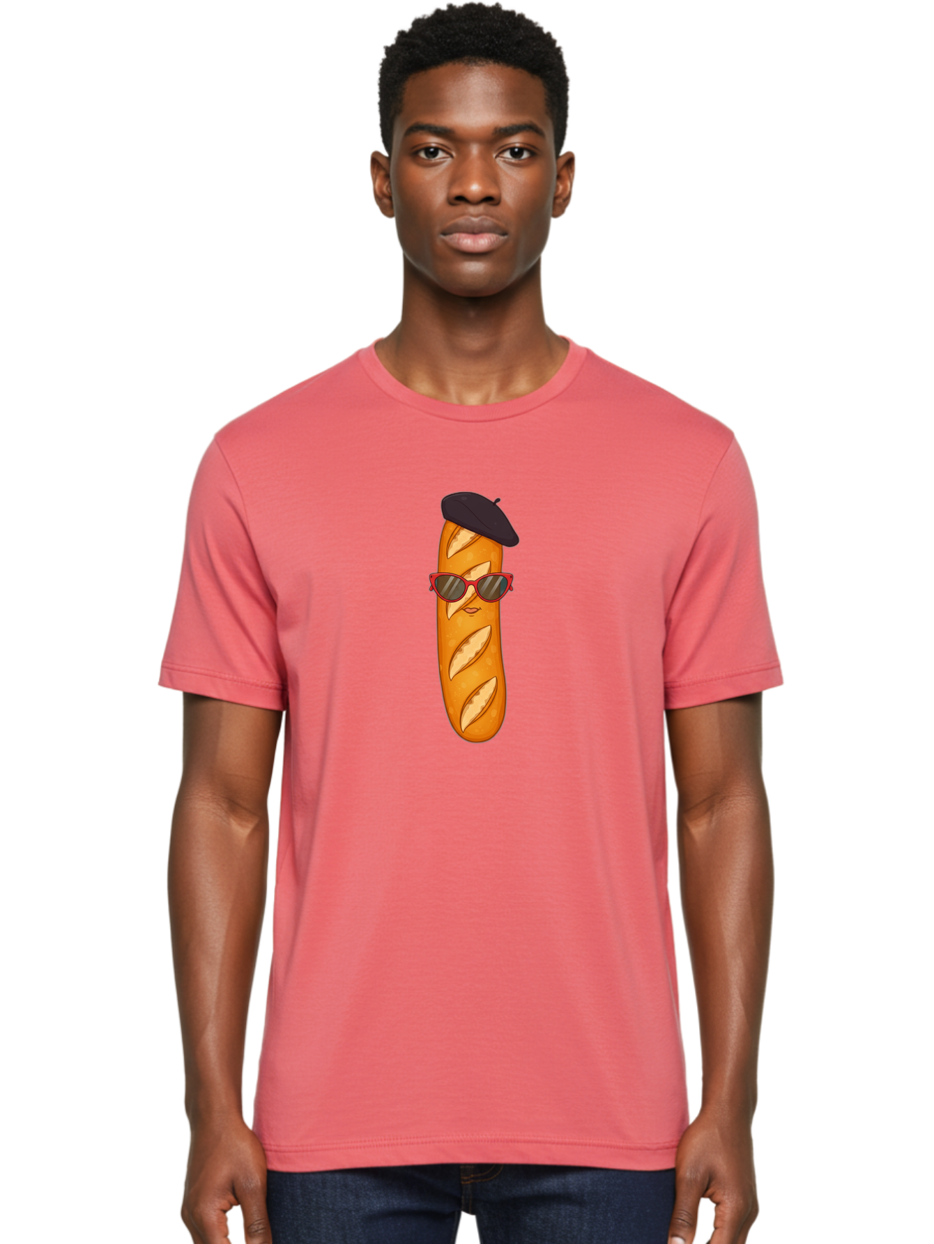 Baguette-With-Sunglasses-And-Beret Men'S Graphic Tee, 100% Cotton, Comfortable Casual Summer Wear, Machine Washable, Cartoon Baguette, Beret Hat, Red Sunglasses, French Cuisine, Bread Character, Quirky Illustration, Fun Design, Loaf Of Bread, Bac595