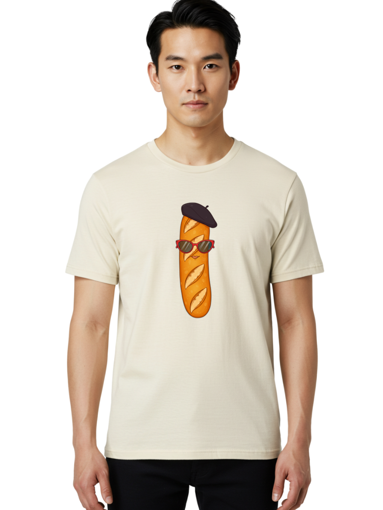 Baguette-With-Sunglasses-And-Beret Men'S Graphic Tee, 100% Cotton, Comfortable Casual Summer Wear, Machine Washable, Cartoon Baguette, Beret Hat, Red Sunglasses, French Cuisine, Bread Character, Quirky Illustration, Fun Design, Loaf Of Bread, Bac595