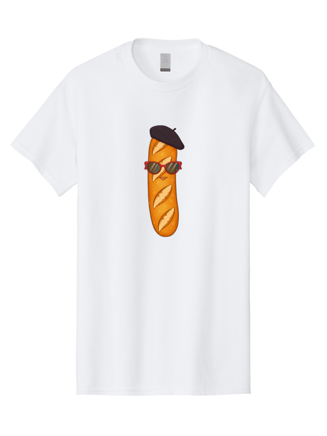 Baguette-With-Sunglasses-And-Beret Men'S Graphic Tee, 100% Cotton, Comfortable Casual Summer Wear, Machine Washable, Cartoon Baguette, Beret Hat, Red Sunglasses, French Cuisine, Bread Character, Quirky Illustration, Fun Design, Loaf Of Bread, Bac595