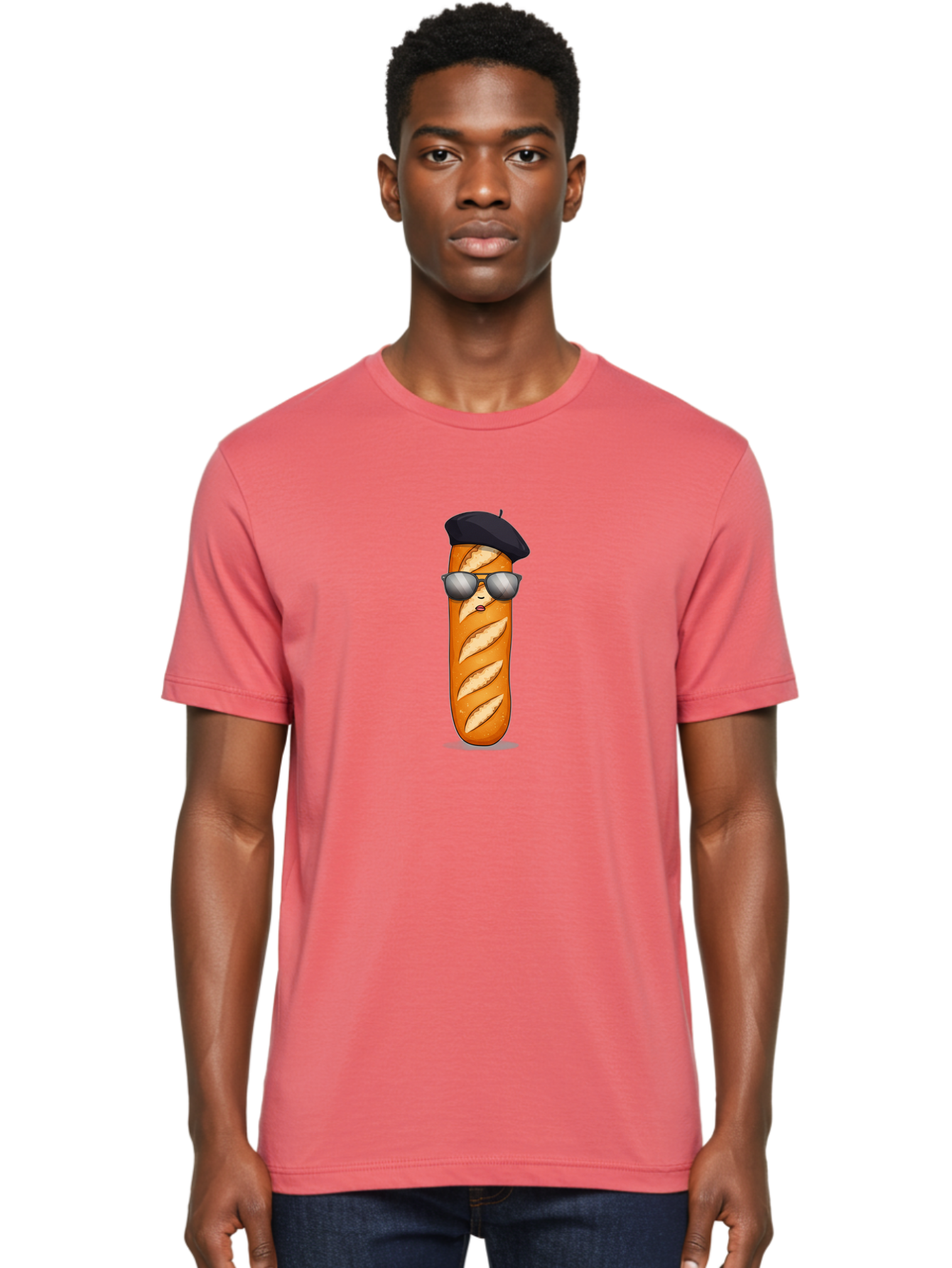 Baguette Men'S Graphic Tee, 100% Cotton, Comfortable Casual Summer Wear, Machine Washable, Cool Baguette, French Bread, Beret Hat, Trendy Sunglasses, Cartoon Character, Humorous Illustration, Funny Food Bac596