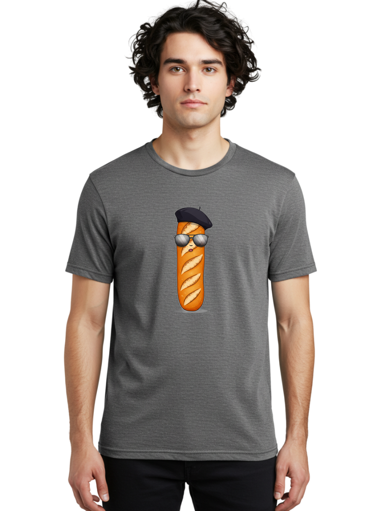 Baguette Men'S Graphic Tee, 100% Cotton, Comfortable Casual Summer Wear, Machine Washable, Cool Baguette, French Bread, Beret Hat, Trendy Sunglasses, Cartoon Character, Humorous Illustration, Funny Food Bac596
