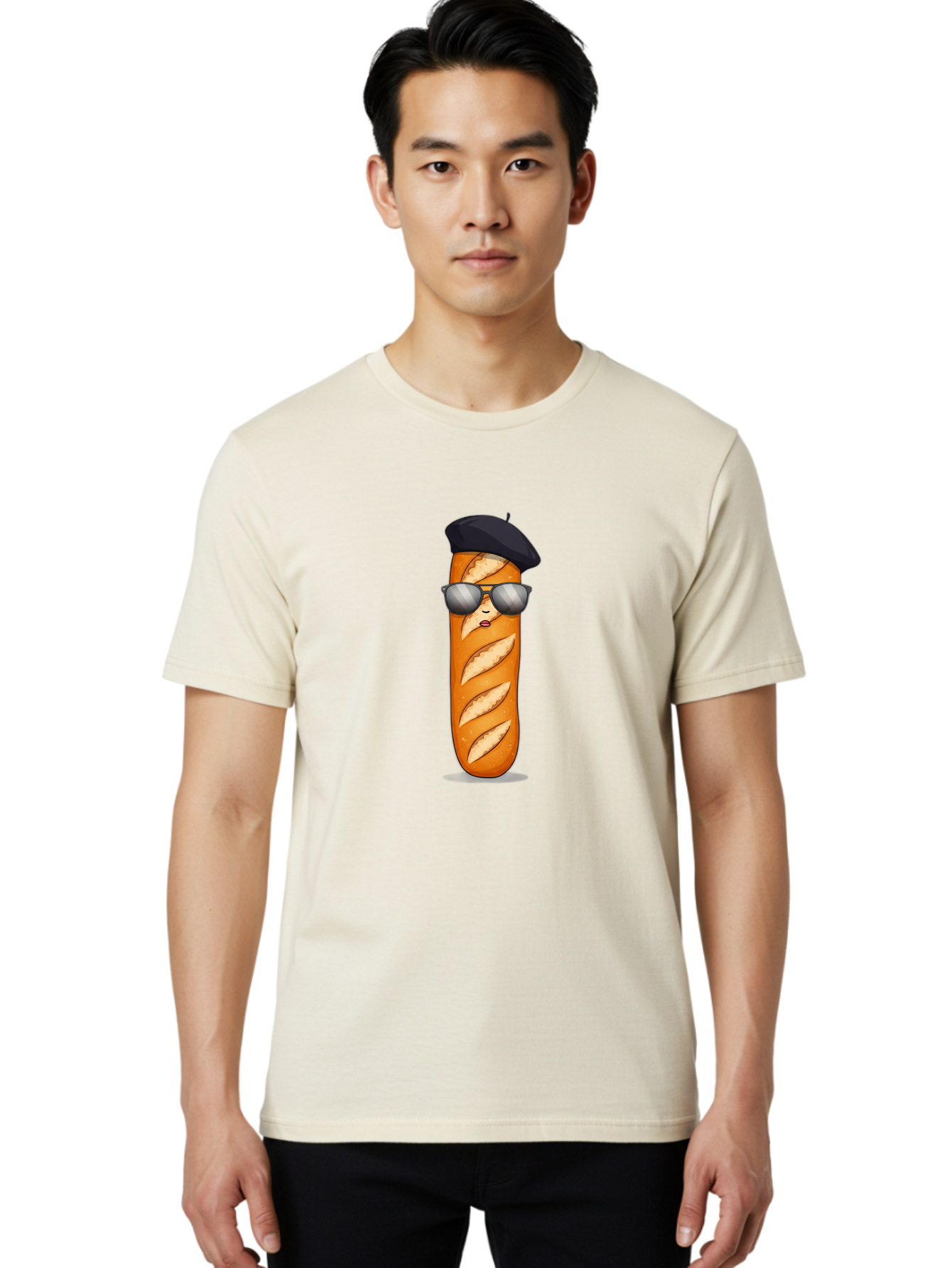 Baguette Men'S Graphic Tee, 100% Cotton, Comfortable Casual Summer Wear, Machine Washable, Cool Baguette, French Bread, Beret Hat, Trendy Sunglasses, Cartoon Character, Humorous Illustration, Funny Food Bac596