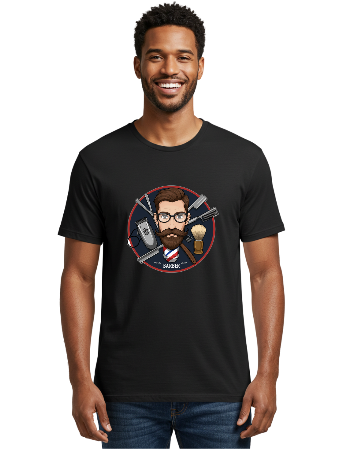 Barber-1 Men'S Graphic Tee, 100% Cotton, Comfortable Casual Summer Wear, Machine Washable, Barber Logo, Cartoon Barber, Grooming Tools, Hair Clippers, Straight Razor, Shaving Brush, Beard Care, Masculine Style, Vintage Barber Shop Bac598