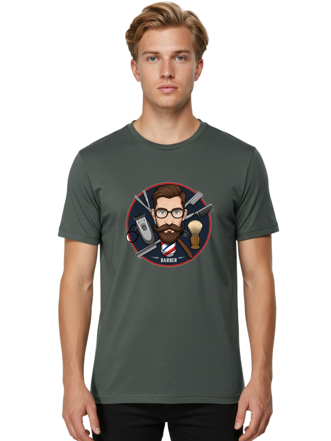 Barber-1 Men'S Graphic Tee, 100% Cotton, Comfortable Casual Summer Wear, Machine Washable, Barber Logo, Cartoon Barber, Grooming Tools, Hair Clippers, Straight Razor, Shaving Brush, Beard Care, Masculine Style, Vintage Barber Shop Bac598