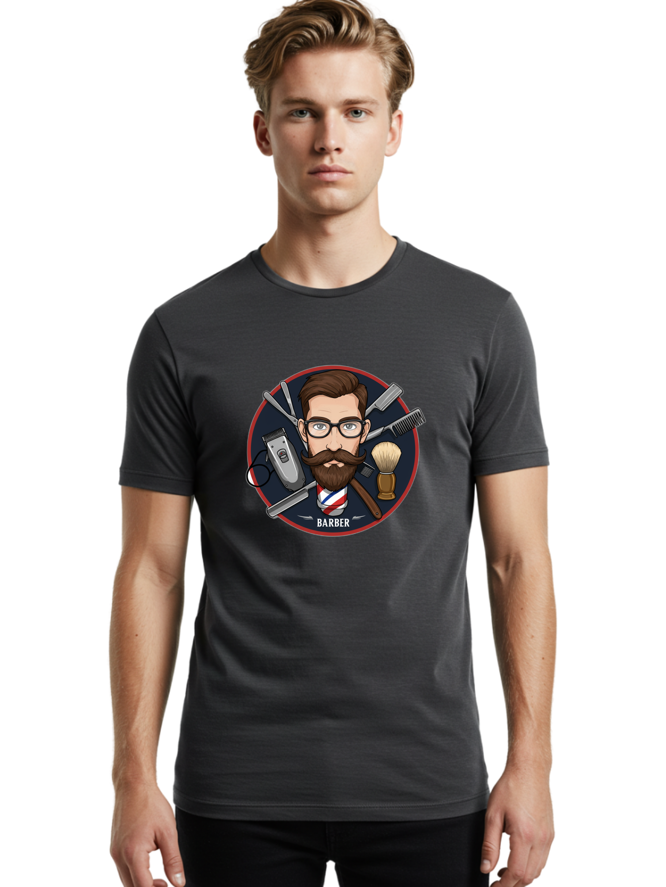 Barber-1 Men'S Graphic Tee, 100% Cotton, Comfortable Casual Summer Wear, Machine Washable, Barber Logo, Cartoon Barber, Grooming Tools, Hair Clippers, Straight Razor, Shaving Brush, Beard Care, Masculine Style, Vintage Barber Shop Bac598