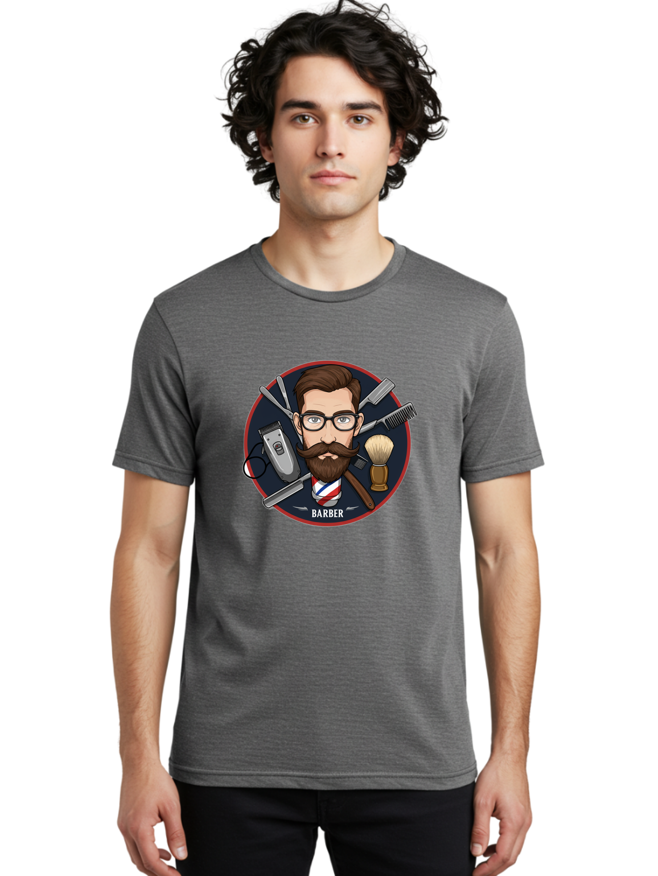 Barber-1 Men'S Graphic Tee, 100% Cotton, Comfortable Casual Summer Wear, Machine Washable, Barber Logo, Cartoon Barber, Grooming Tools, Hair Clippers, Straight Razor, Shaving Brush, Beard Care, Masculine Style, Vintage Barber Shop Bac598