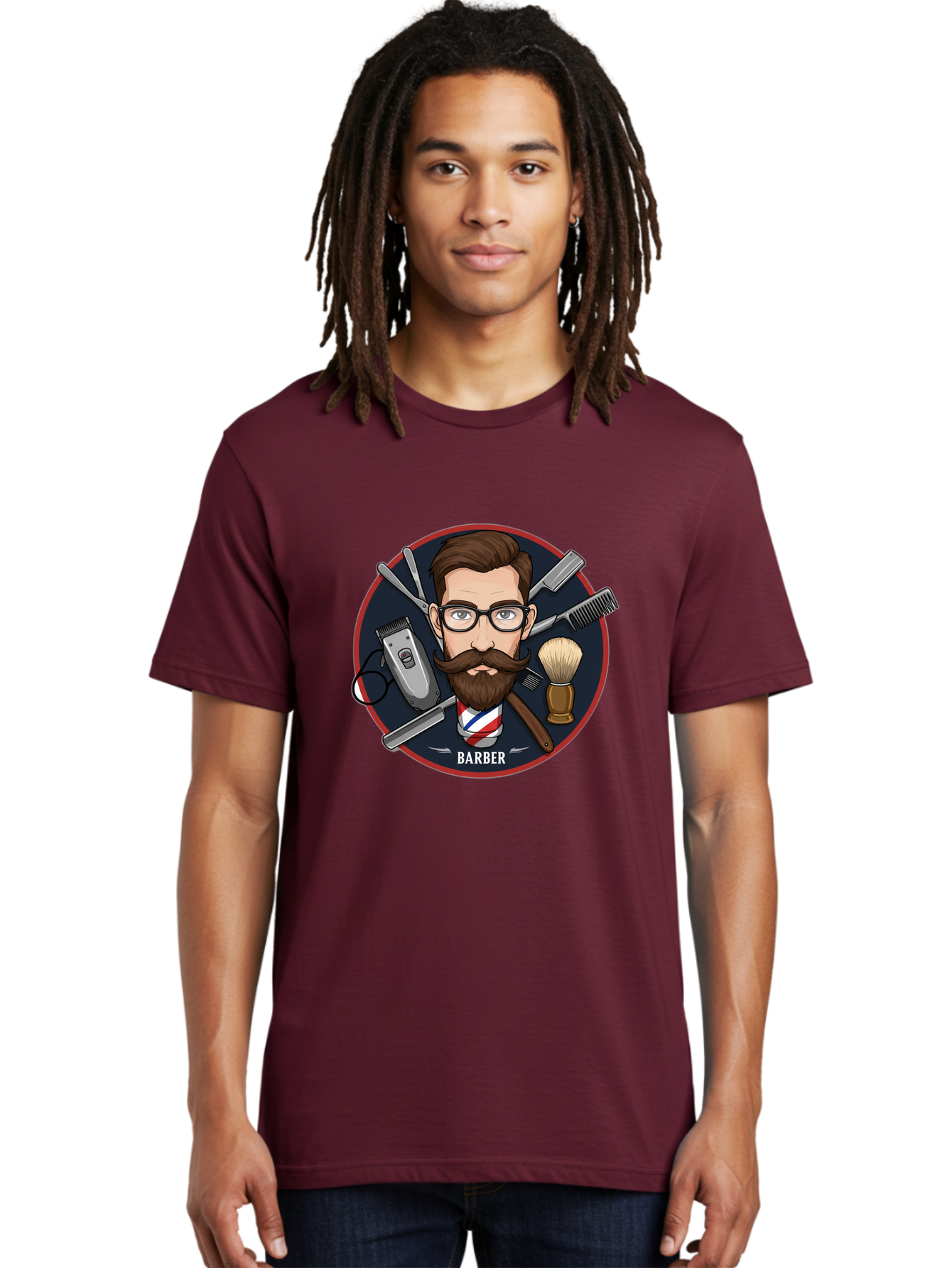 Barber-1 Men'S Graphic Tee, 100% Cotton, Comfortable Casual Summer Wear, Machine Washable, Barber Logo, Cartoon Barber, Grooming Tools, Hair Clippers, Straight Razor, Shaving Brush, Beard Care, Masculine Style, Vintage Barber Shop Bac598