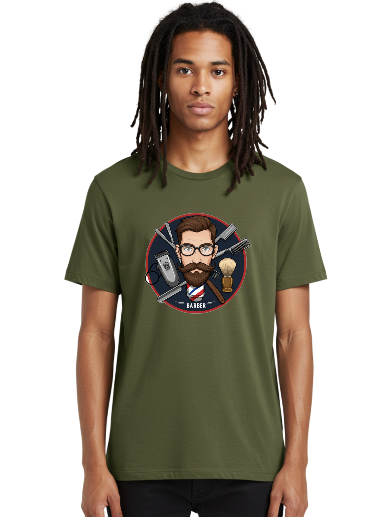 Barber-1 Men'S Graphic Tee, 100% Cotton, Comfortable Casual Summer Wear, Machine Washable, Barber Logo, Cartoon Barber, Grooming Tools, Hair Clippers, Straight Razor, Shaving Brush, Beard Care, Masculine Style, Vintage Barber Shop Bac598