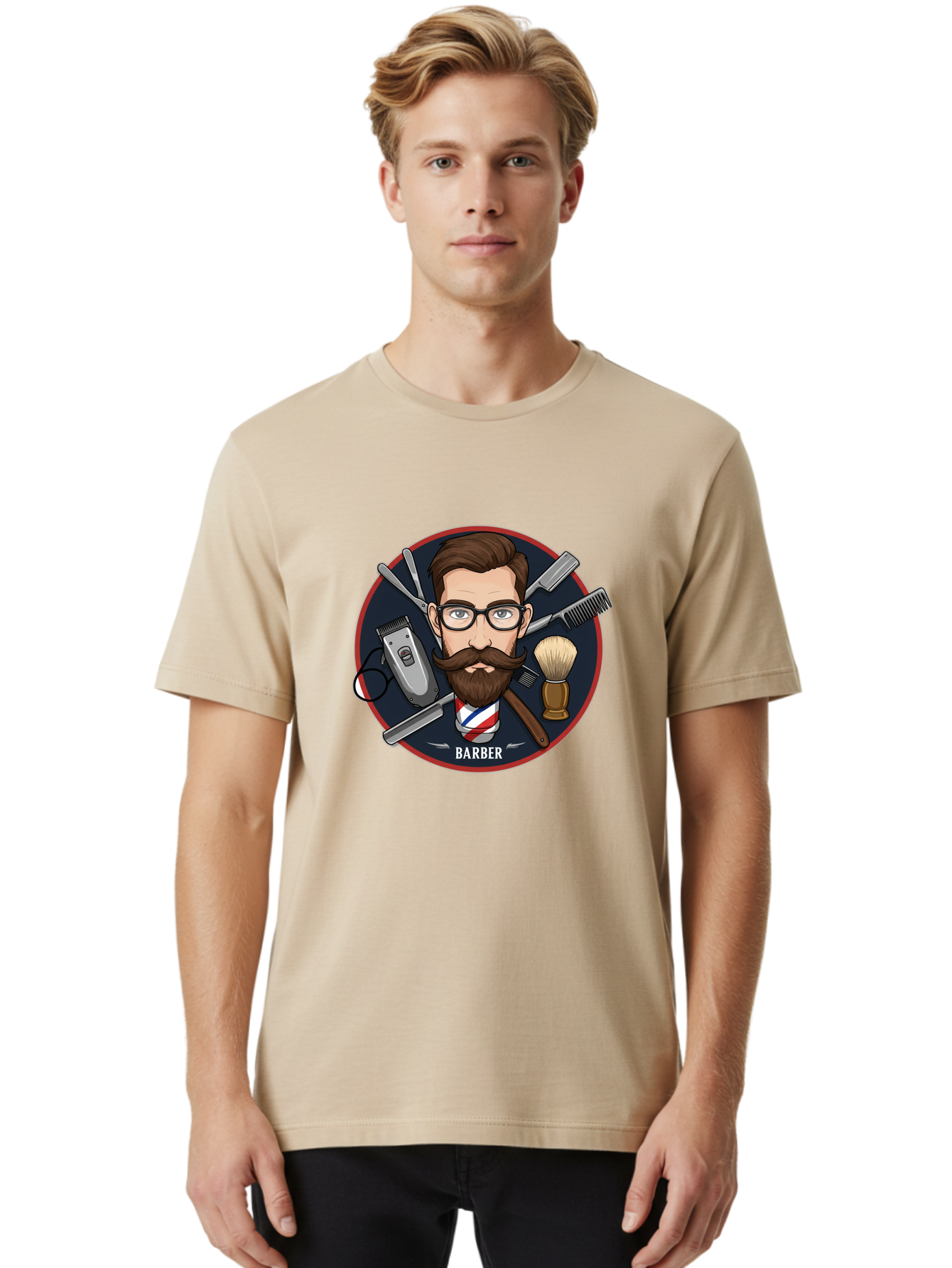 Barber-1 Men'S Graphic Tee, 100% Cotton, Comfortable Casual Summer Wear, Machine Washable, Barber Logo, Cartoon Barber, Grooming Tools, Hair Clippers, Straight Razor, Shaving Brush, Beard Care, Masculine Style, Vintage Barber Shop Bac598