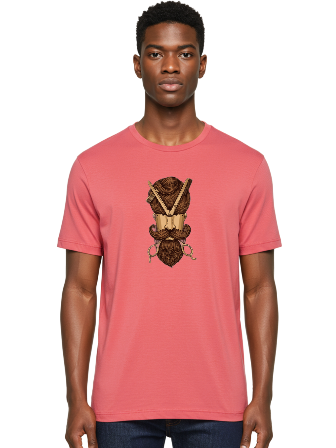 Barber-Art Men'S Graphic Tee, 100% Cotton, Comfortable Casual Summer Wear, Machine Washable, Barber Shop Logo, Men'S Grooming, Mustache, Beard, Haircut, Scissors, Comb, Vintage Style, Barber Tools, Classic Design Bac599