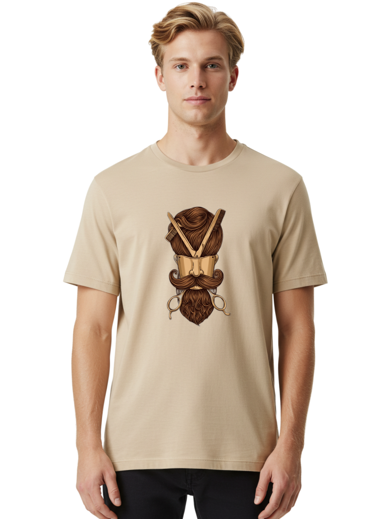 Barber-Art Men'S Graphic Tee, 100% Cotton, Comfortable Casual Summer Wear, Machine Washable, Barber Shop Logo, Men'S Grooming, Mustache, Beard, Haircut, Scissors, Comb, Vintage Style, Barber Tools, Classic Design Bac599