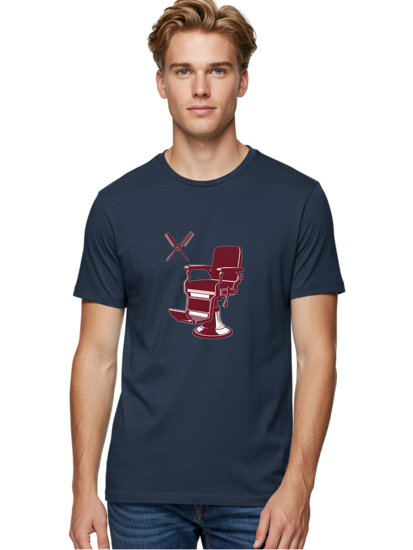 Barber-Chair Men'S Graphic Tee, 100% Cotton, Comfortable Casual Summer Wear, Machine Washable, Vintage Barber Chair, Retro Grooming, Classic Barber Shop, Barber Equipment, Haircutting Tools, Traditional Shaving, Iconic Barber Symbols, Bac601