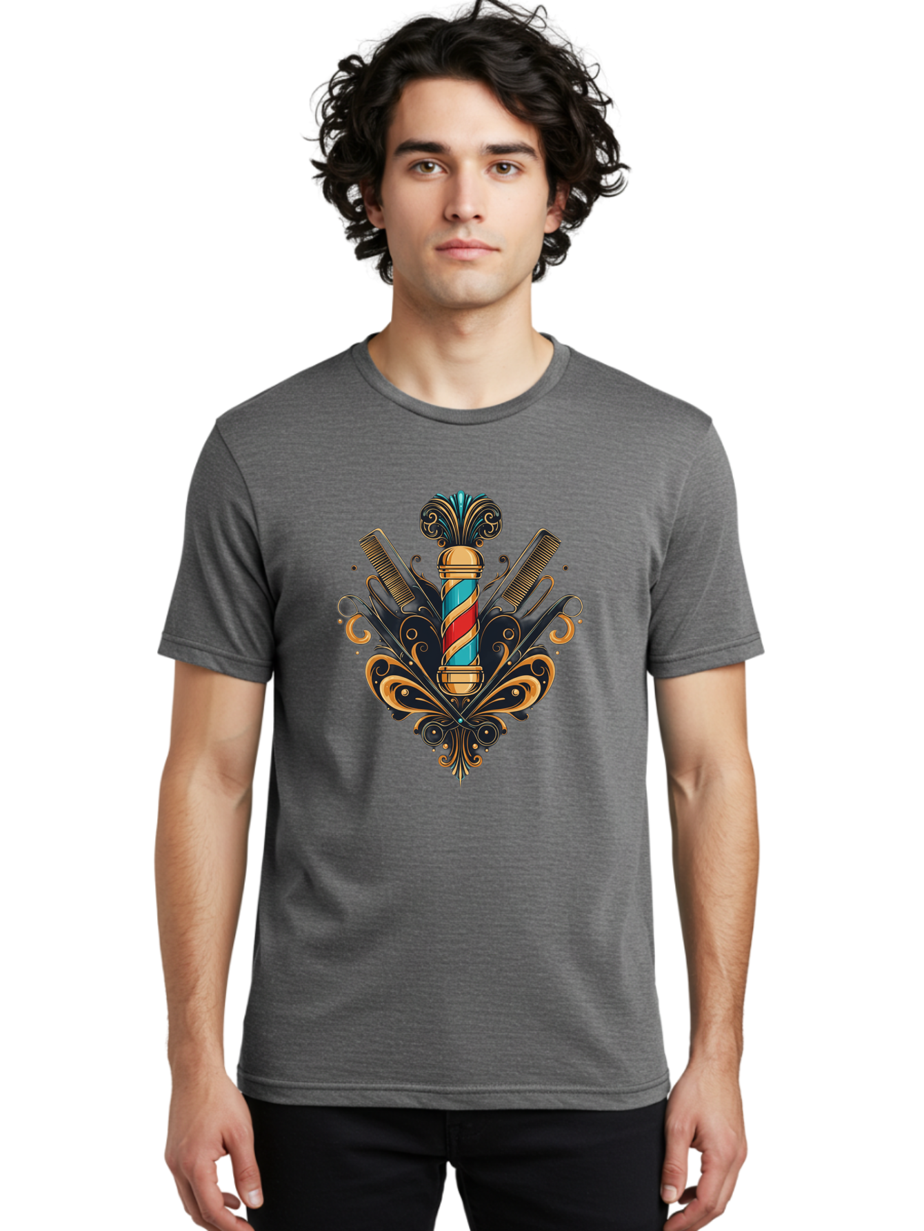 Barber-Pole-2 Men'S Graphic Tee, 100% Cotton, Comfortable Casual Summer Wear, Machine Washable, Barber Pole, Vintage Barber Shop, Grooming Tools, Ornate Design, Classic Barber, Straight Razors, Combs, Scissors, Barber Equipment, Bac604