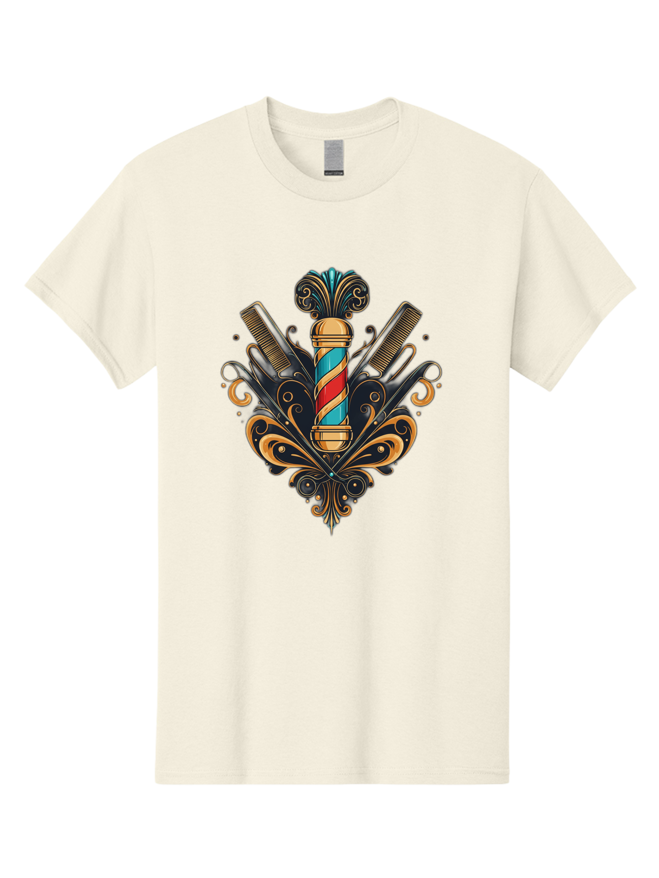 Barber-Pole-2 Men'S Graphic Tee, 100% Cotton, Comfortable Casual Summer Wear, Machine Washable, Barber Pole, Vintage Barber Shop, Grooming Tools, Ornate Design, Classic Barber, Straight Razors, Combs, Scissors, Barber Equipment, Bac604