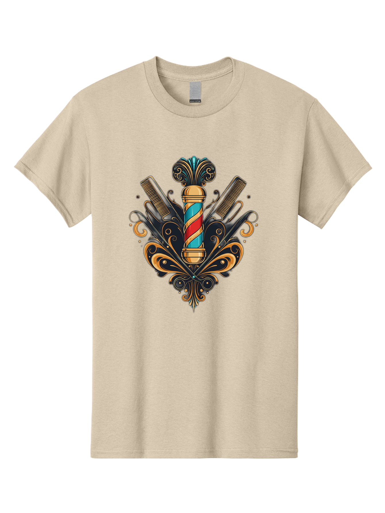 Barber-Pole-2 Men'S Graphic Tee, 100% Cotton, Comfortable Casual Summer Wear, Machine Washable, Barber Pole, Vintage Barber Shop, Grooming Tools, Ornate Design, Classic Barber, Straight Razors, Combs, Scissors, Barber Equipment, Bac604