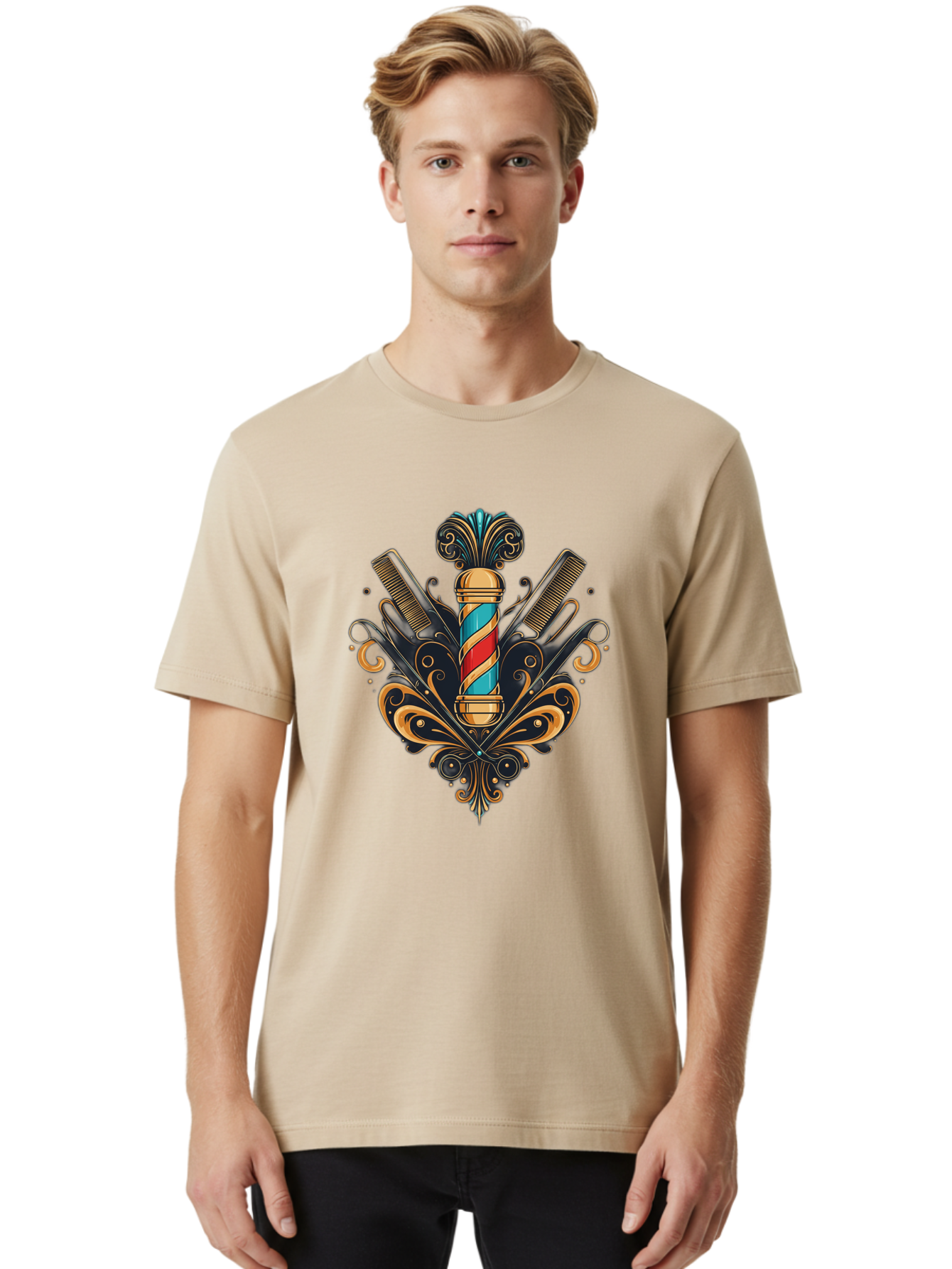 Barber-Pole-2 Men'S Graphic Tee, 100% Cotton, Comfortable Casual Summer Wear, Machine Washable, Barber Pole, Vintage Barber Shop, Grooming Tools, Ornate Design, Classic Barber, Straight Razors, Combs, Scissors, Barber Equipment, Bac604