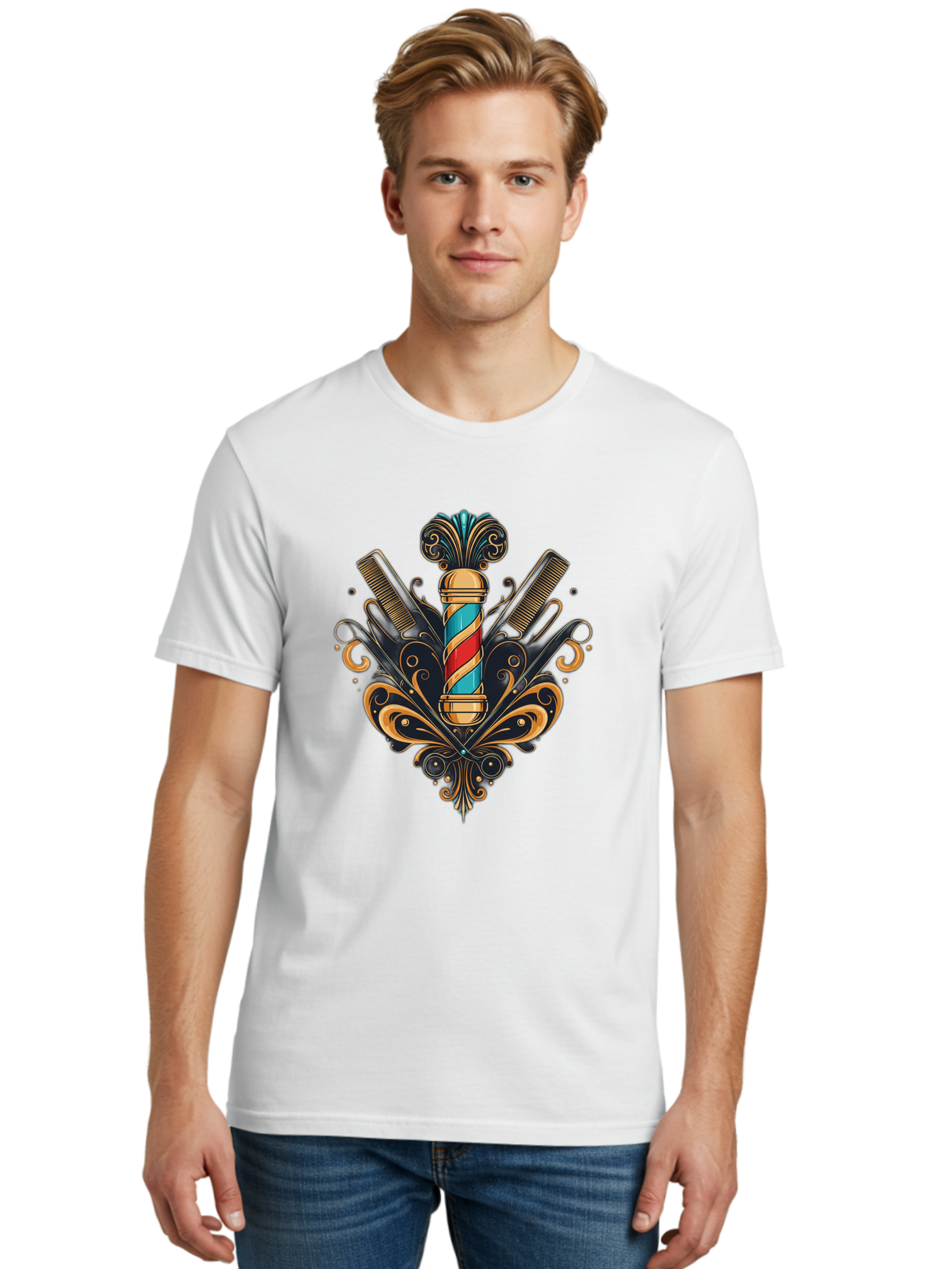 Barber-Pole-2 Men'S Graphic Tee, 100% Cotton, Comfortable Casual Summer Wear, Machine Washable, Barber Pole, Vintage Barber Shop, Grooming Tools, Ornate Design, Classic Barber, Straight Razors, Combs, Scissors, Barber Equipment, Bac604