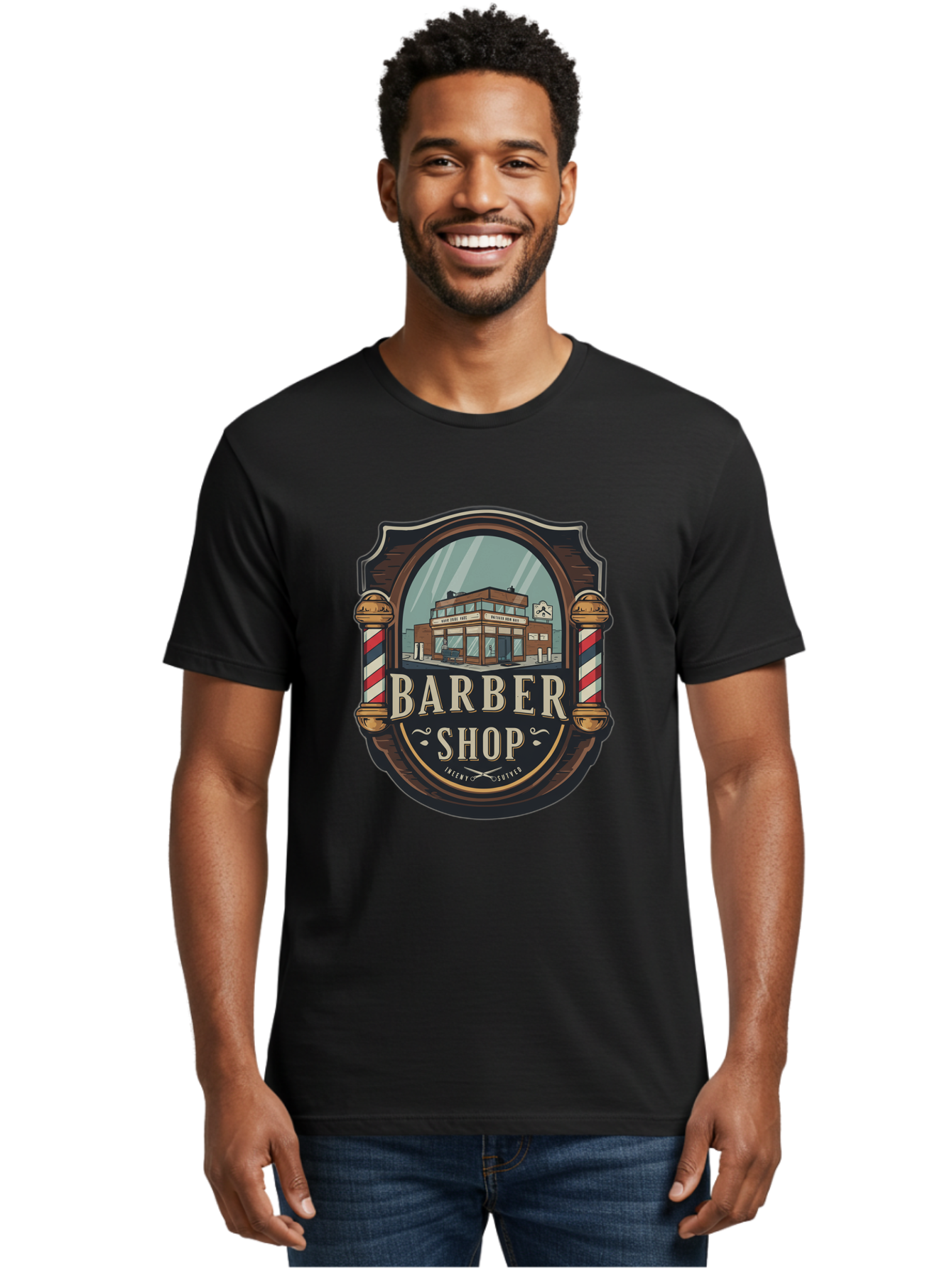 Barber-Shop-2 Men'S Graphic Tee, 100% Cotton, Comfortable Casual Summer Wear, Machine Washable, Barber Shop Logo, Vintage Barber Pole, Retro Style, Men'S Grooming, Barber Shop Sign, Classic Design, Ornate Details, Barber Shop Illustration Bac609