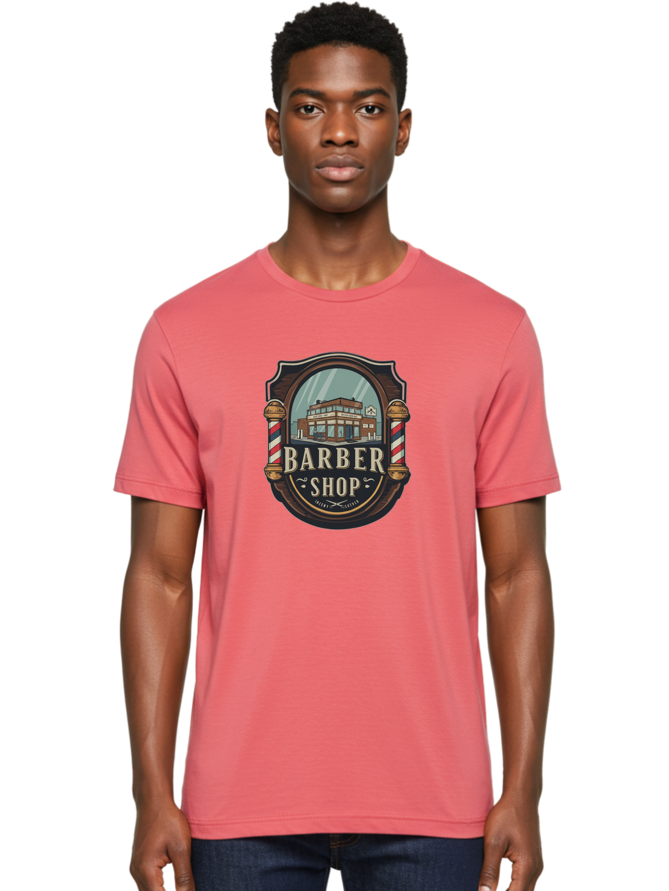 Barber-Shop-2 Men'S Graphic Tee, 100% Cotton, Comfortable Casual Summer Wear, Machine Washable, Barber Shop Logo, Vintage Barber Pole, Retro Style, Men'S Grooming, Barber Shop Sign, Classic Design, Ornate Details, Barber Shop Illustration Bac609