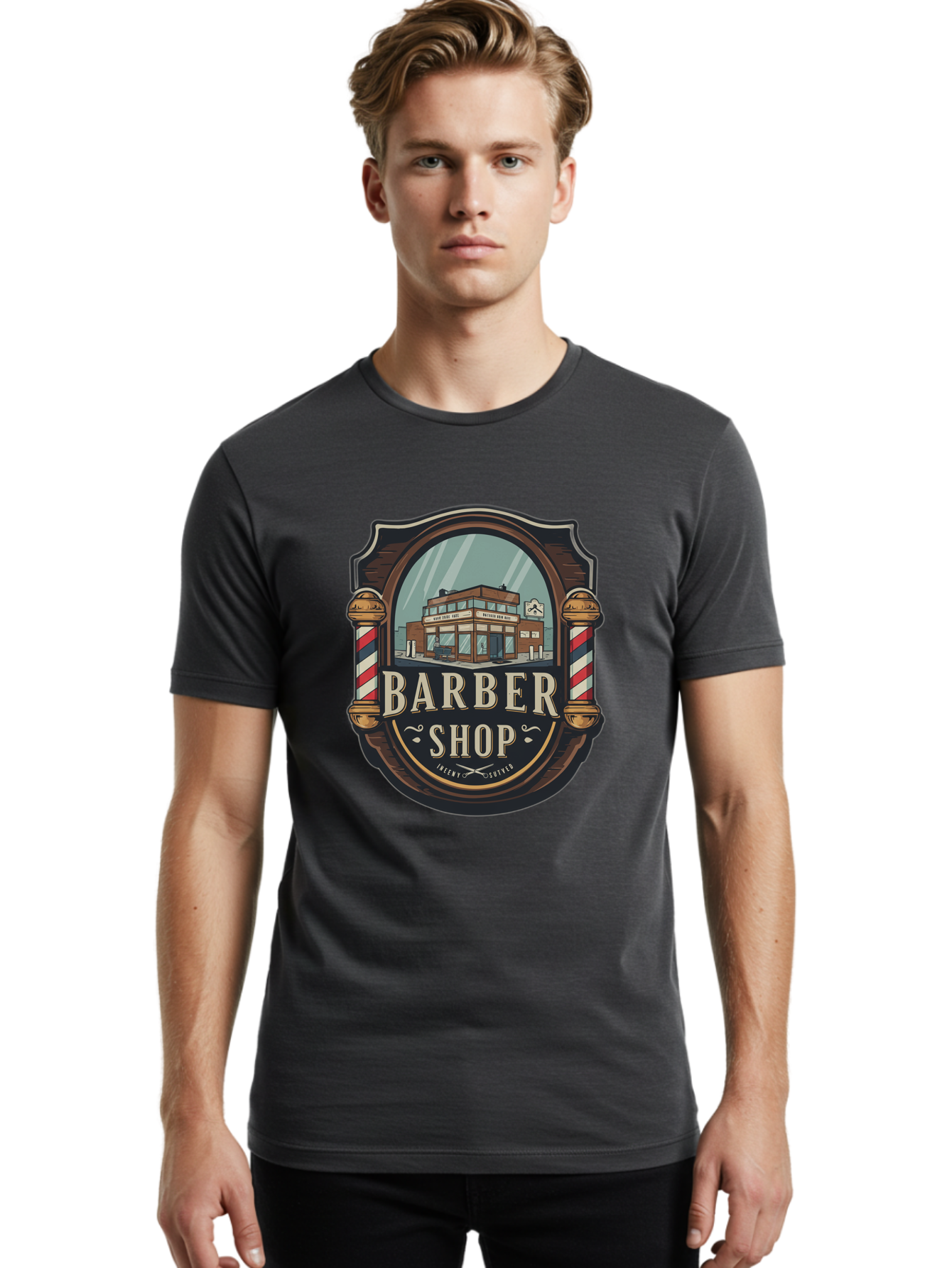 Barber-Shop-2 Men'S Graphic Tee, 100% Cotton, Comfortable Casual Summer Wear, Machine Washable, Barber Shop Logo, Vintage Barber Pole, Retro Style, Men'S Grooming, Barber Shop Sign, Classic Design, Ornate Details, Barber Shop Illustration Bac609