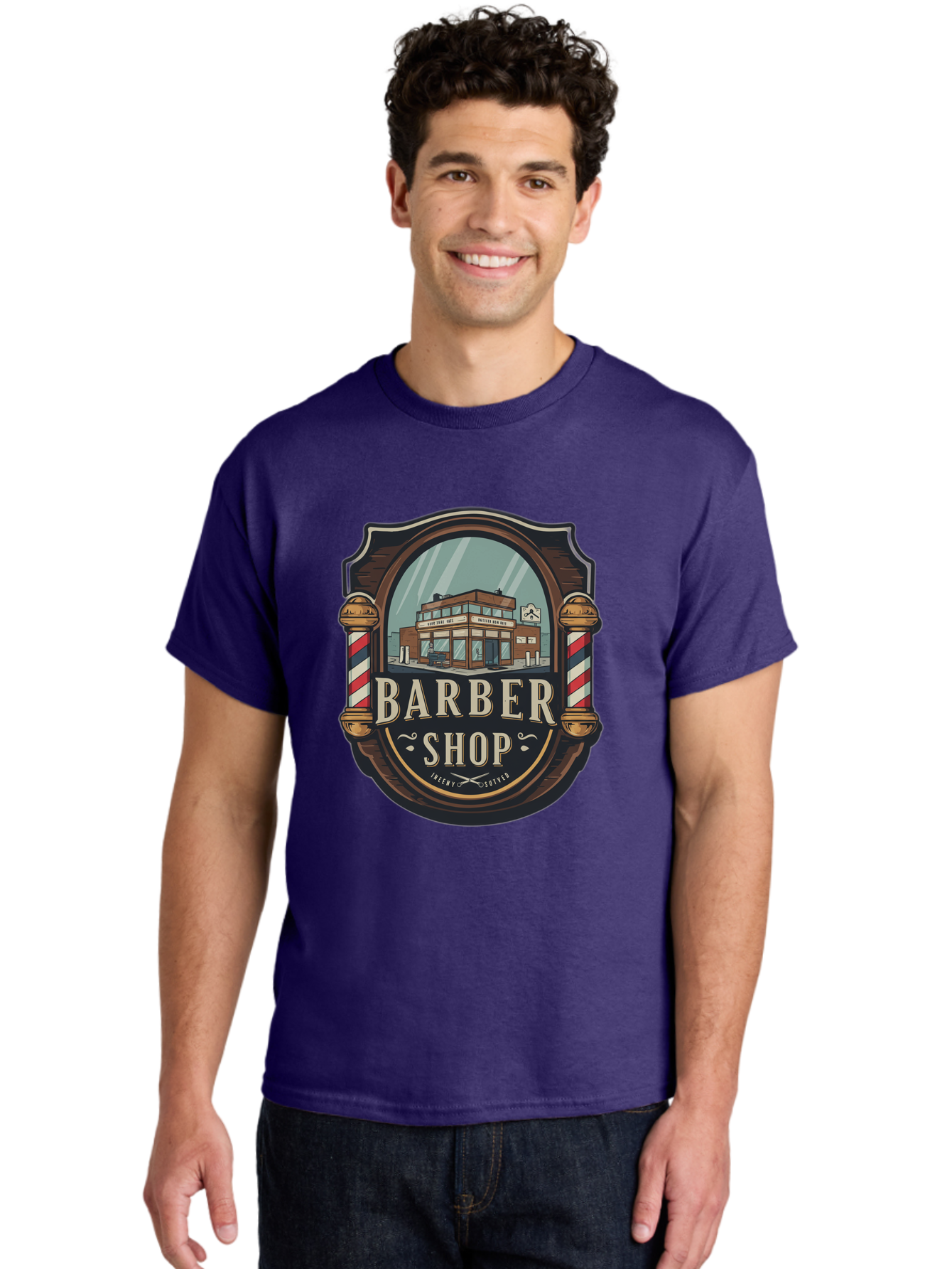 Barber-Shop-2 Men'S Graphic Tee, 100% Cotton, Comfortable Casual Summer Wear, Machine Washable, Barber Shop Logo, Vintage Barber Pole, Retro Style, Men'S Grooming, Barber Shop Sign, Classic Design, Ornate Details, Barber Shop Illustration Bac609