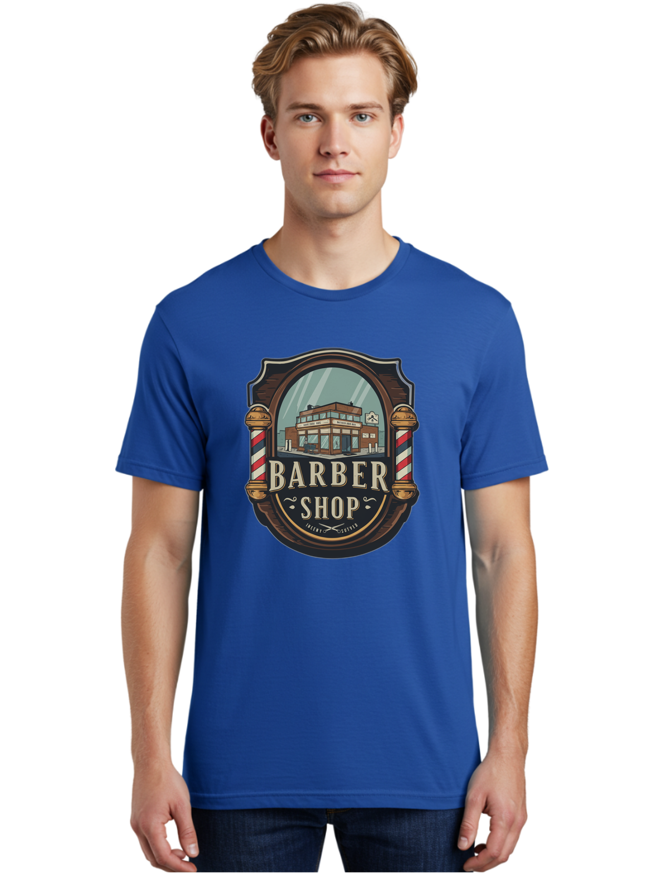 Barber-Shop-2 Men'S Graphic Tee, 100% Cotton, Comfortable Casual Summer Wear, Machine Washable, Barber Shop Logo, Vintage Barber Pole, Retro Style, Men'S Grooming, Barber Shop Sign, Classic Design, Ornate Details, Barber Shop Illustration Bac609