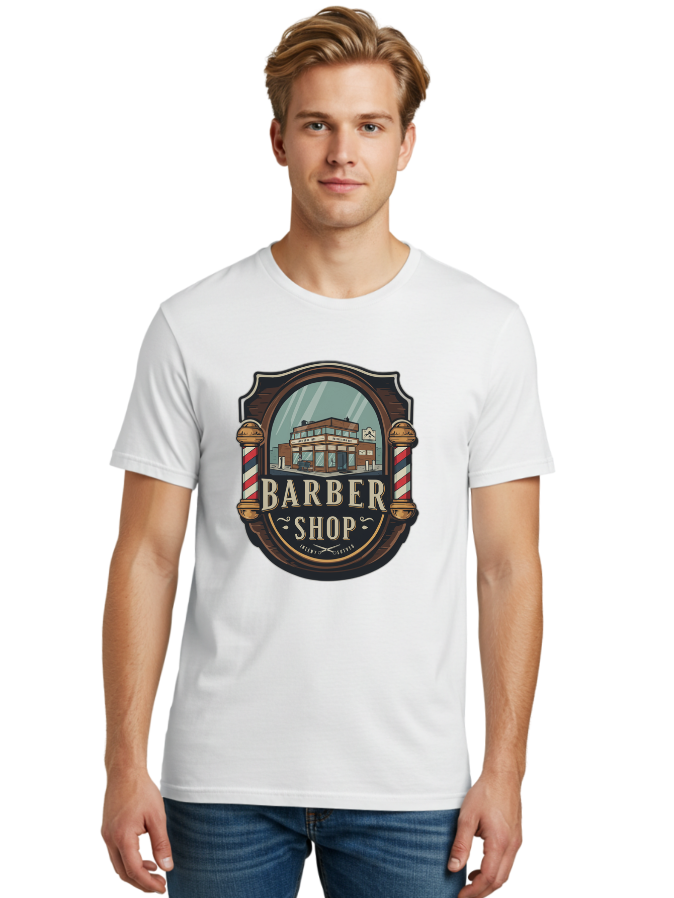 Barber-Shop-2 Men'S Graphic Tee, 100% Cotton, Comfortable Casual Summer Wear, Machine Washable, Barber Shop Logo, Vintage Barber Pole, Retro Style, Men'S Grooming, Barber Shop Sign, Classic Design, Ornate Details, Barber Shop Illustration Bac609