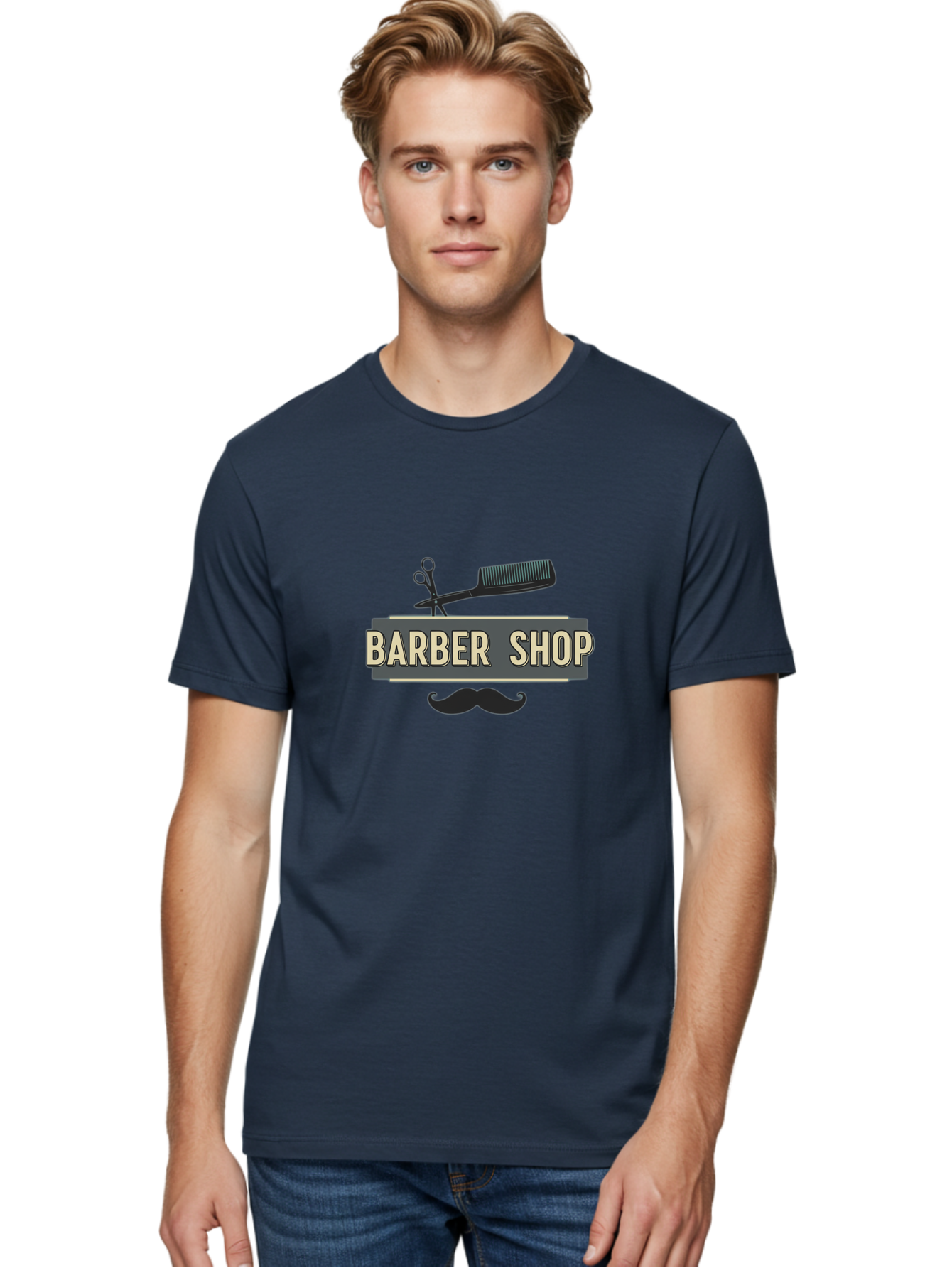 Barber-Shop Men'S Graphic Tee, 100% Cotton, Comfortable Casual Summer Wear, Machine Washable, Barber Shop Logo, Barber Shop Sign, Grooming Tools, Scissors, Comb, Mustache, Men'S Grooming, Barber Services, Haircut, Beard Care, Styling Bac611