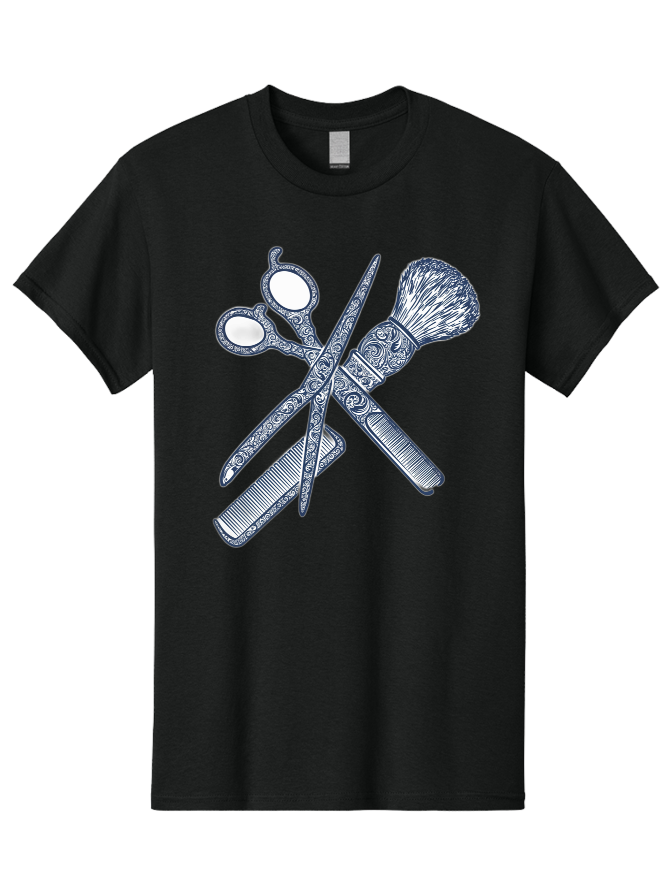 Barber-Tools Men'S Graphic Tee, 100% Cotton, Comfortable Casual Summer Wear, Machine Washable, Barber Scissors, Straight Razor, Shaving Brush, Vintage Grooming, Men'S Grooming, Classic Barber Shop, Antique Styling, Ornate Details, Bac612