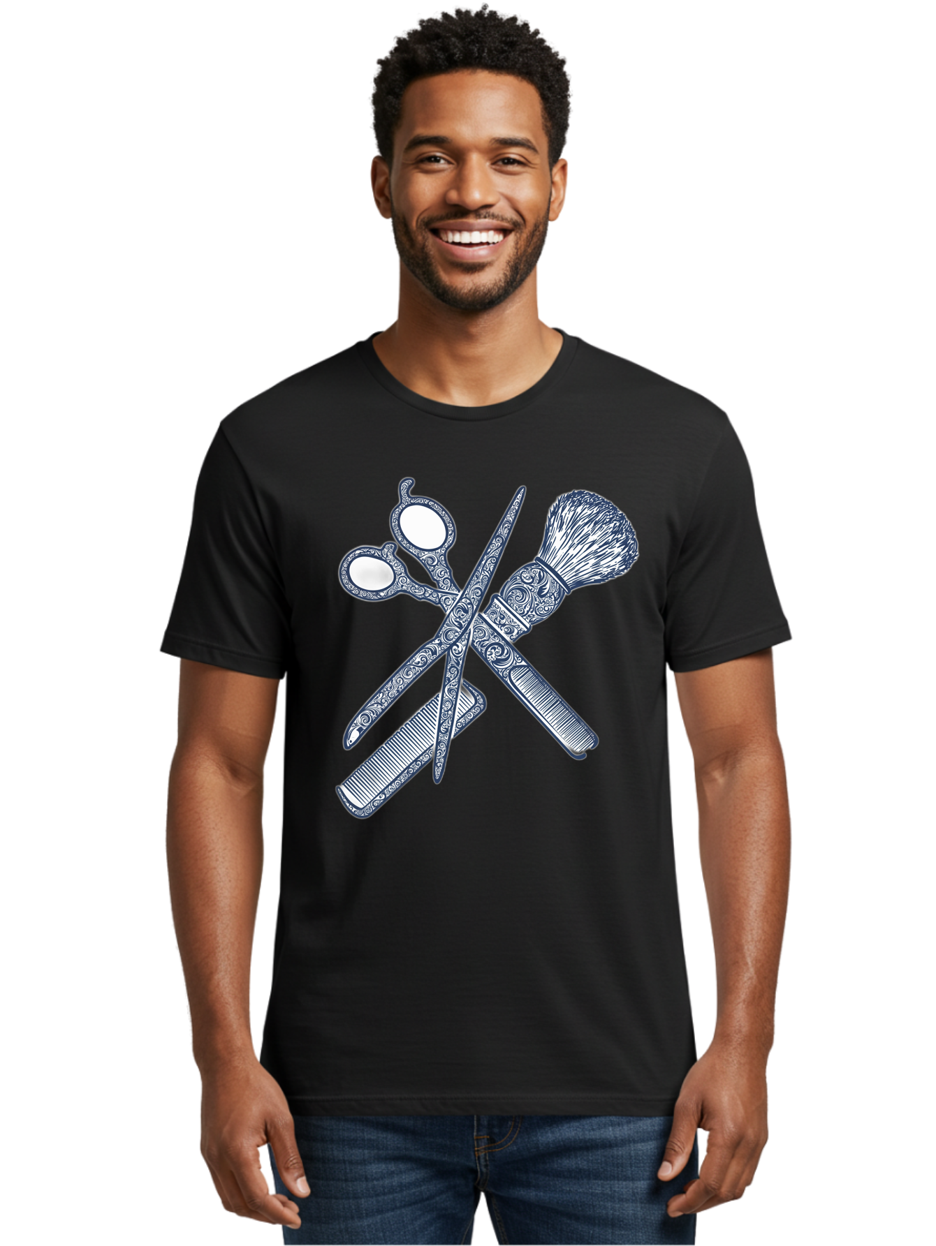 Barber-Tools Men'S Graphic Tee, 100% Cotton, Comfortable Casual Summer Wear, Machine Washable, Barber Scissors, Straight Razor, Shaving Brush, Vintage Grooming, Men'S Grooming, Classic Barber Shop, Antique Styling, Ornate Details, Bac612